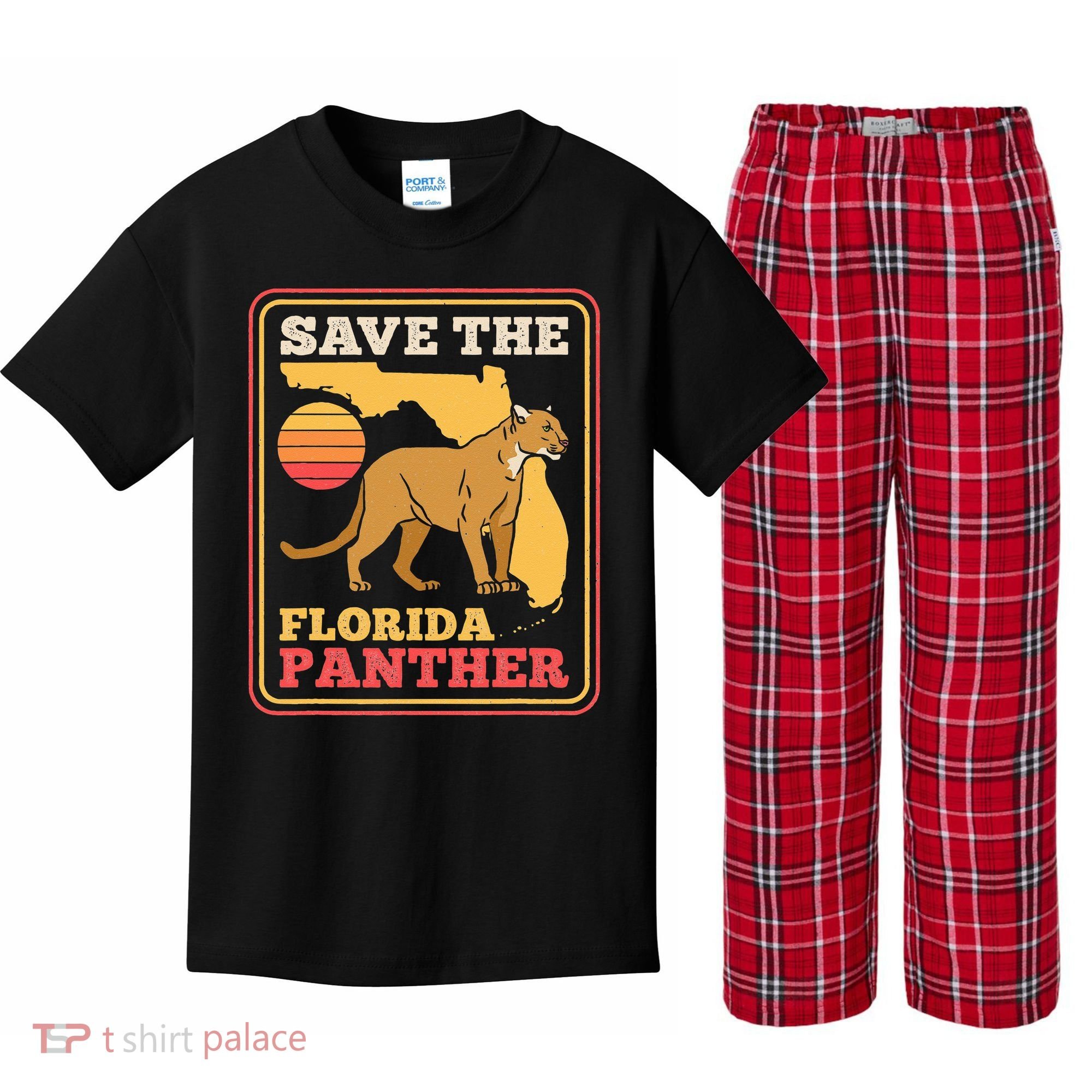 Save The Florida Panther Retro Wildlife Cougar Kids Plaid Pajama Set