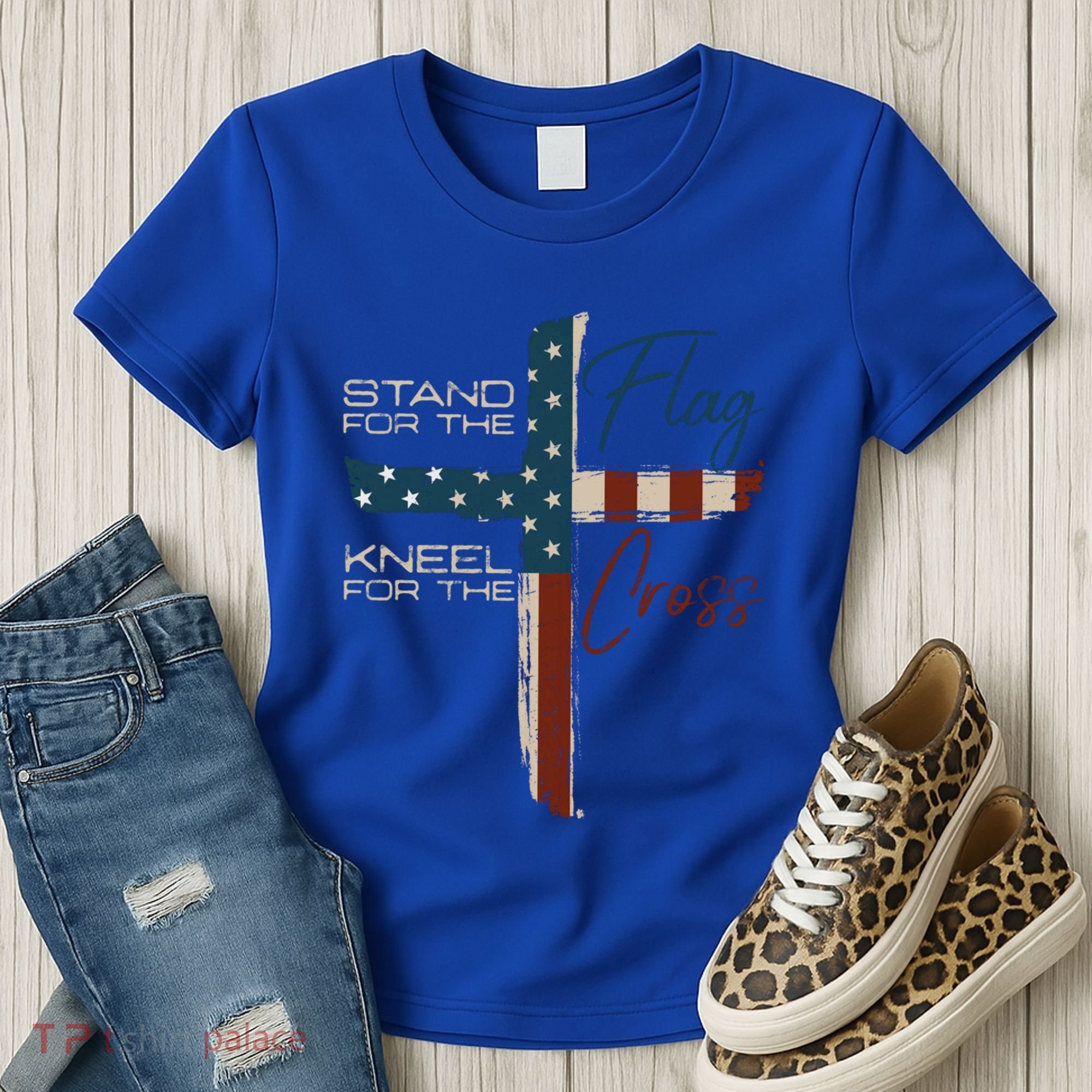 Stand The Flag And Cross Faith American Christian Great Gift Women's T-Shirt