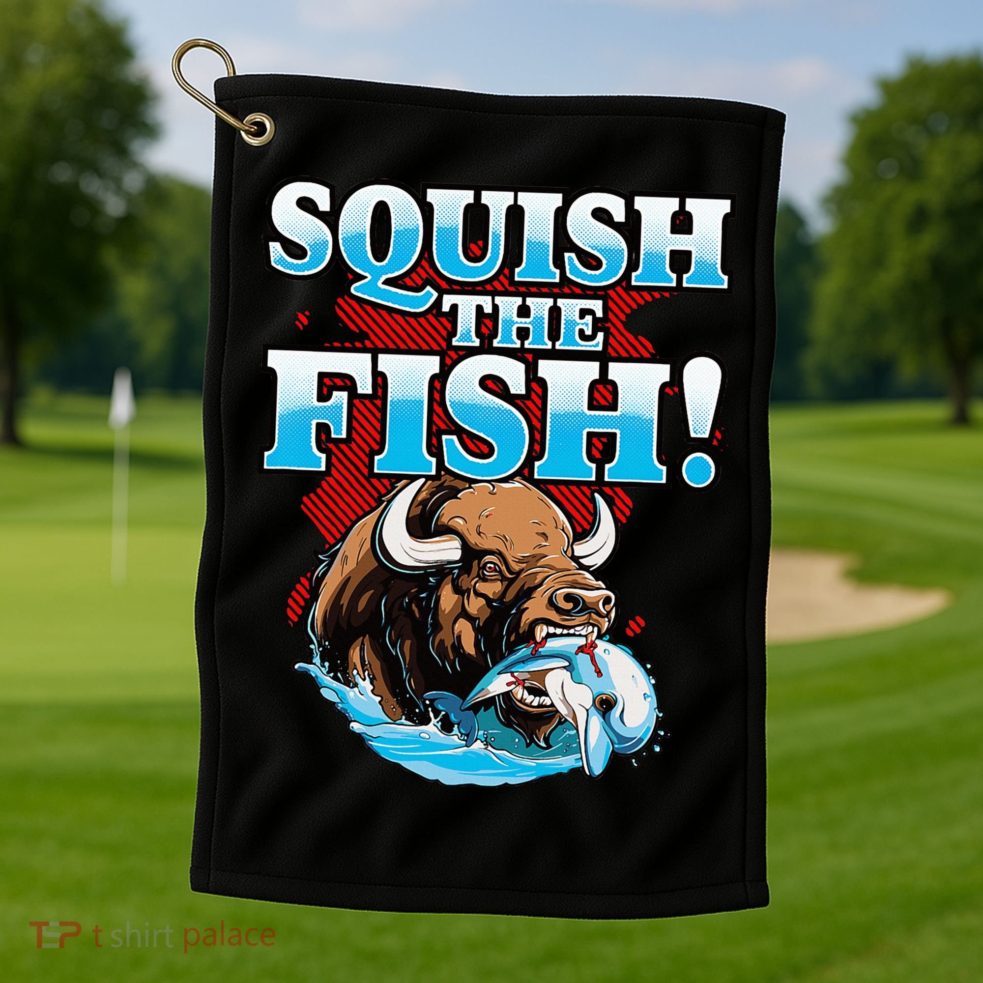 SQUISH THE FISH bison eating dolphin food chain fantasy Golf Towel