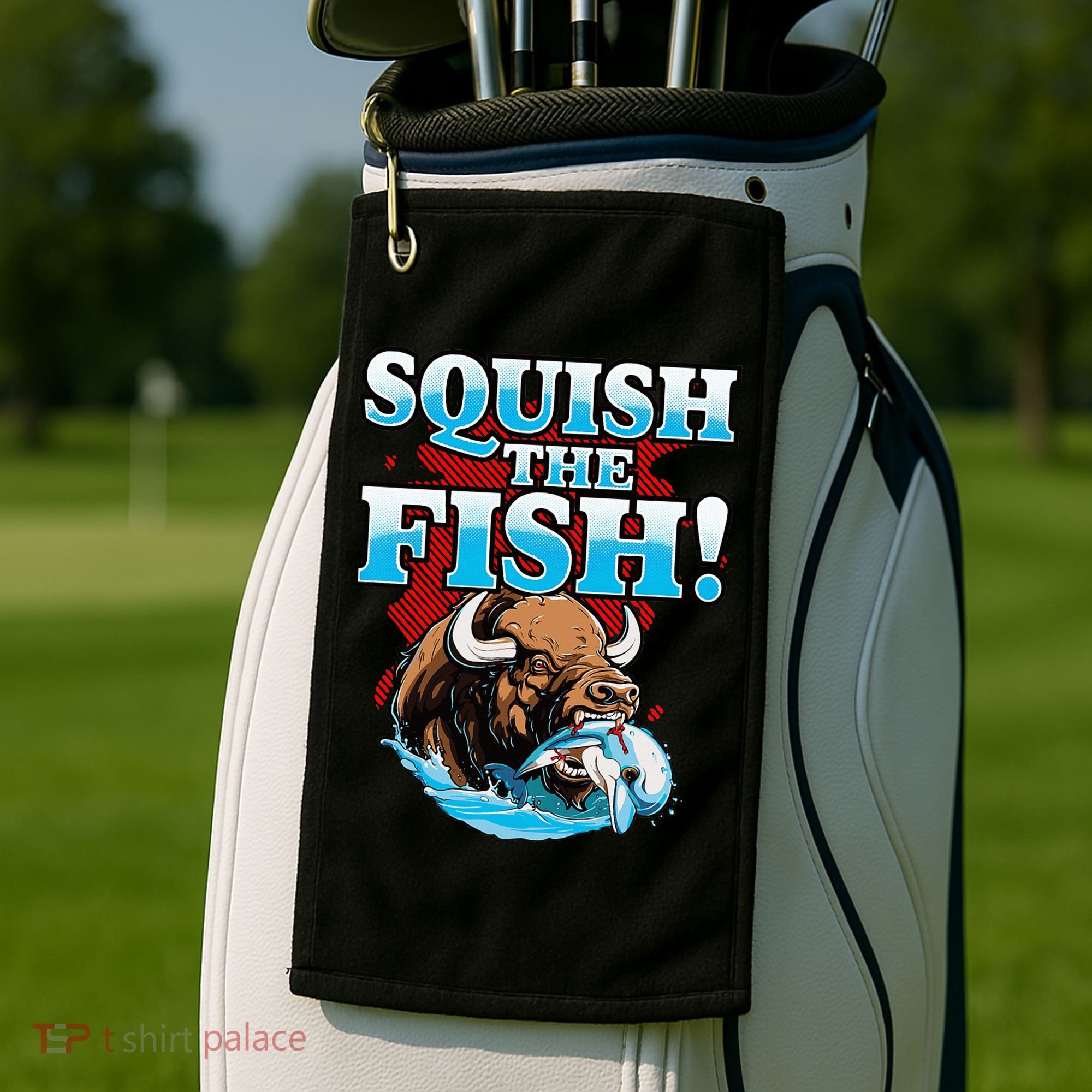 SQUISH THE FISH bison eating dolphin food chain fantasy Golf Towel