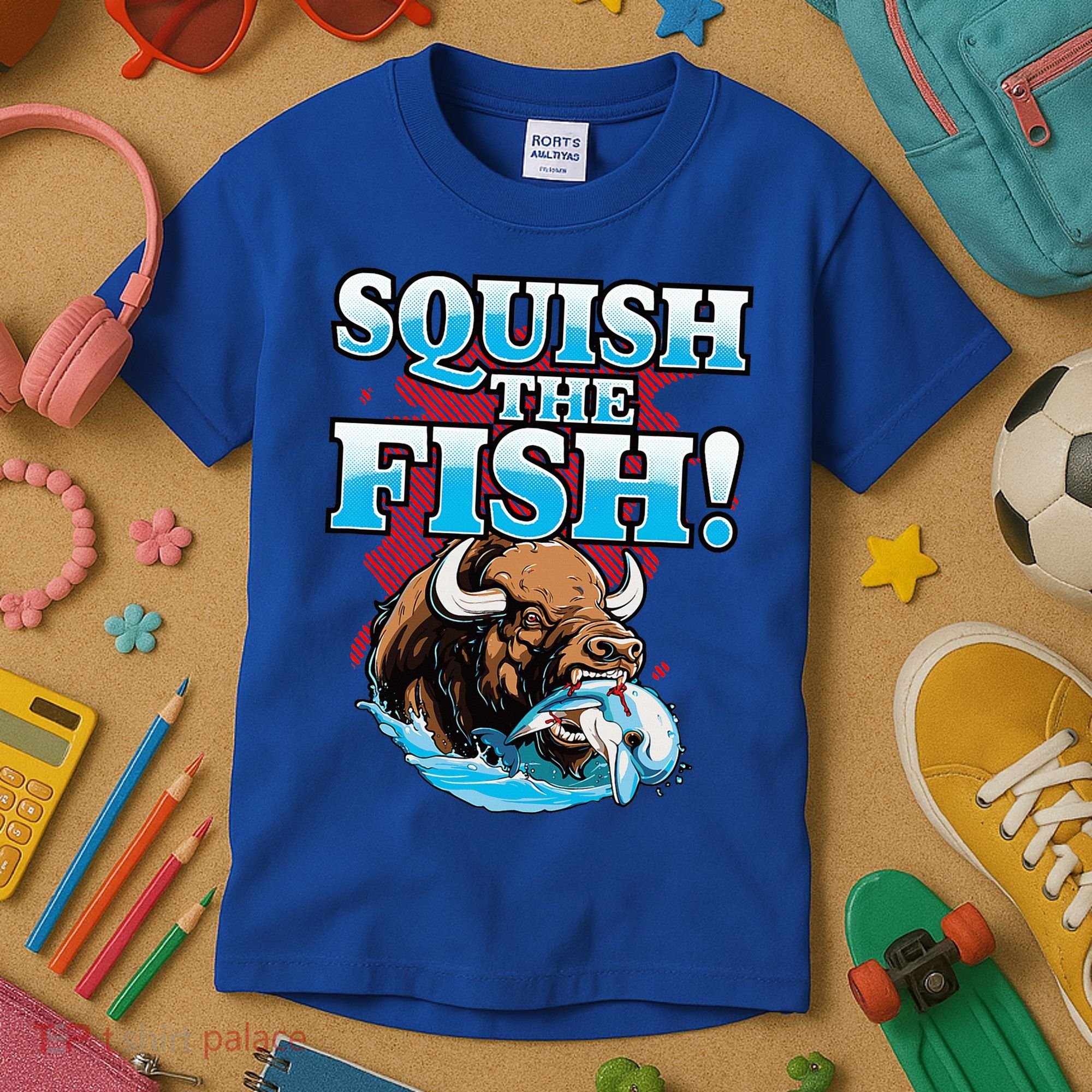 SQUISH THE FISH bison eating dolphin food chain fantasy Kids T-Shirt