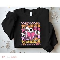 Spooky Teacher Ghost Halloween Groovy Retro Trick Or Teach Sweatshirt thumb 2