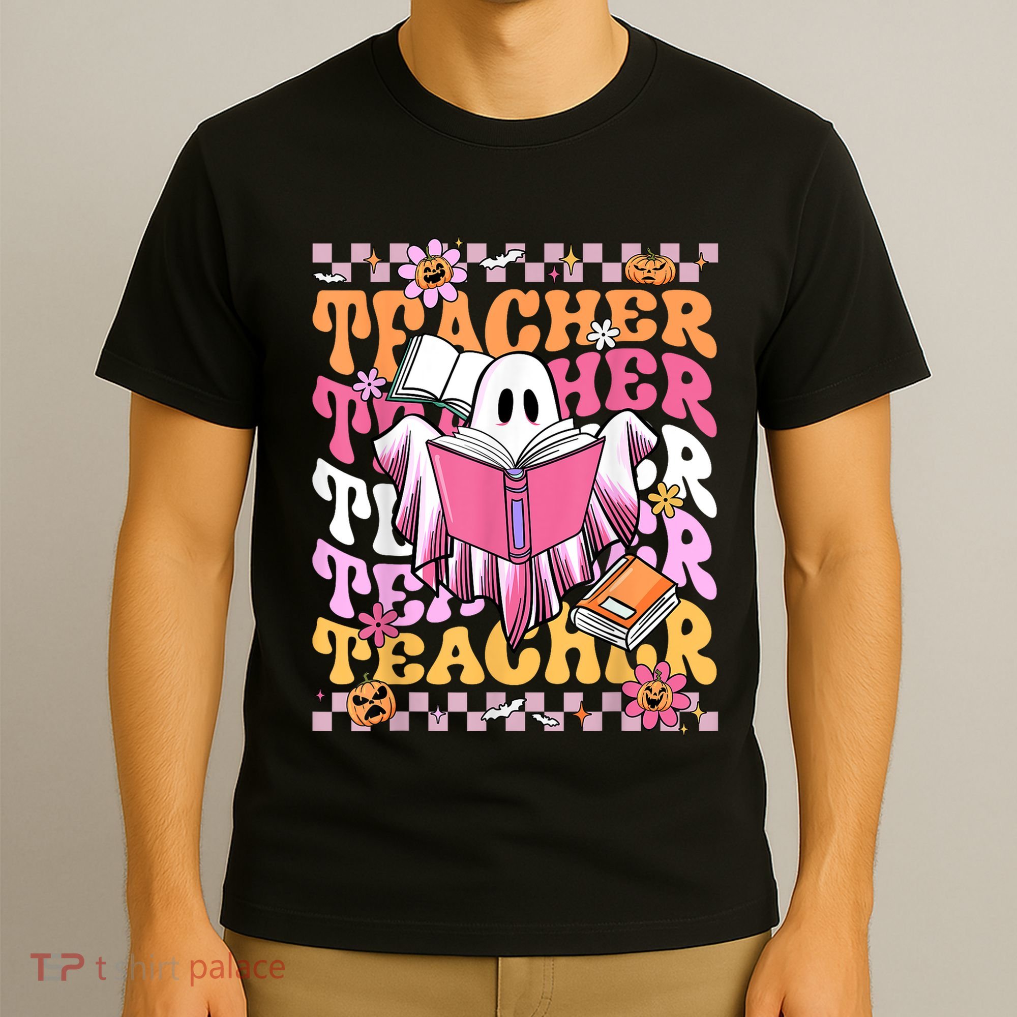 Spooky Teacher Ghost Halloween Groovy Retro Trick Or Teach T-Shirt