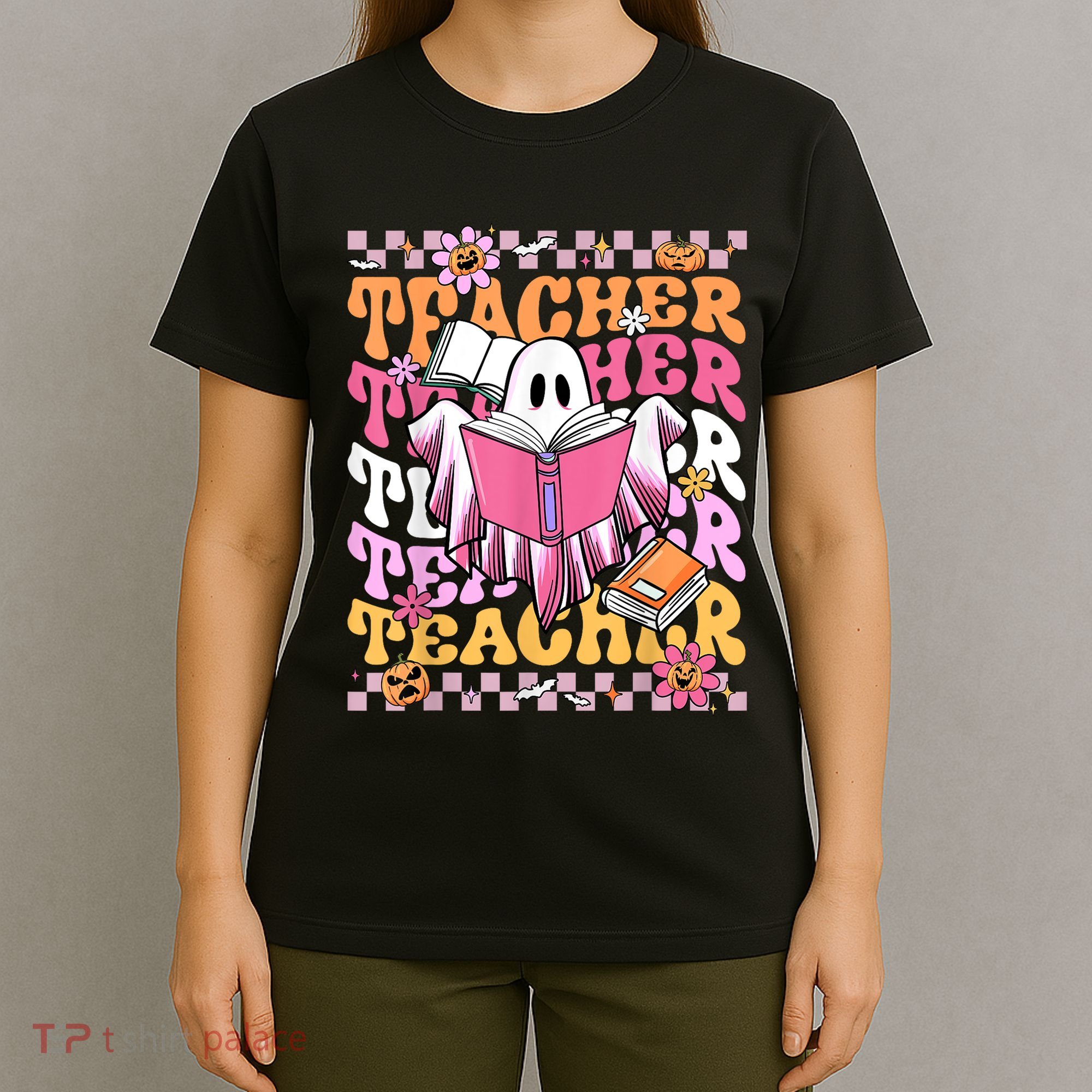 Spooky Teacher Ghost Halloween Groovy Retro Trick Or Teach T-Shirt