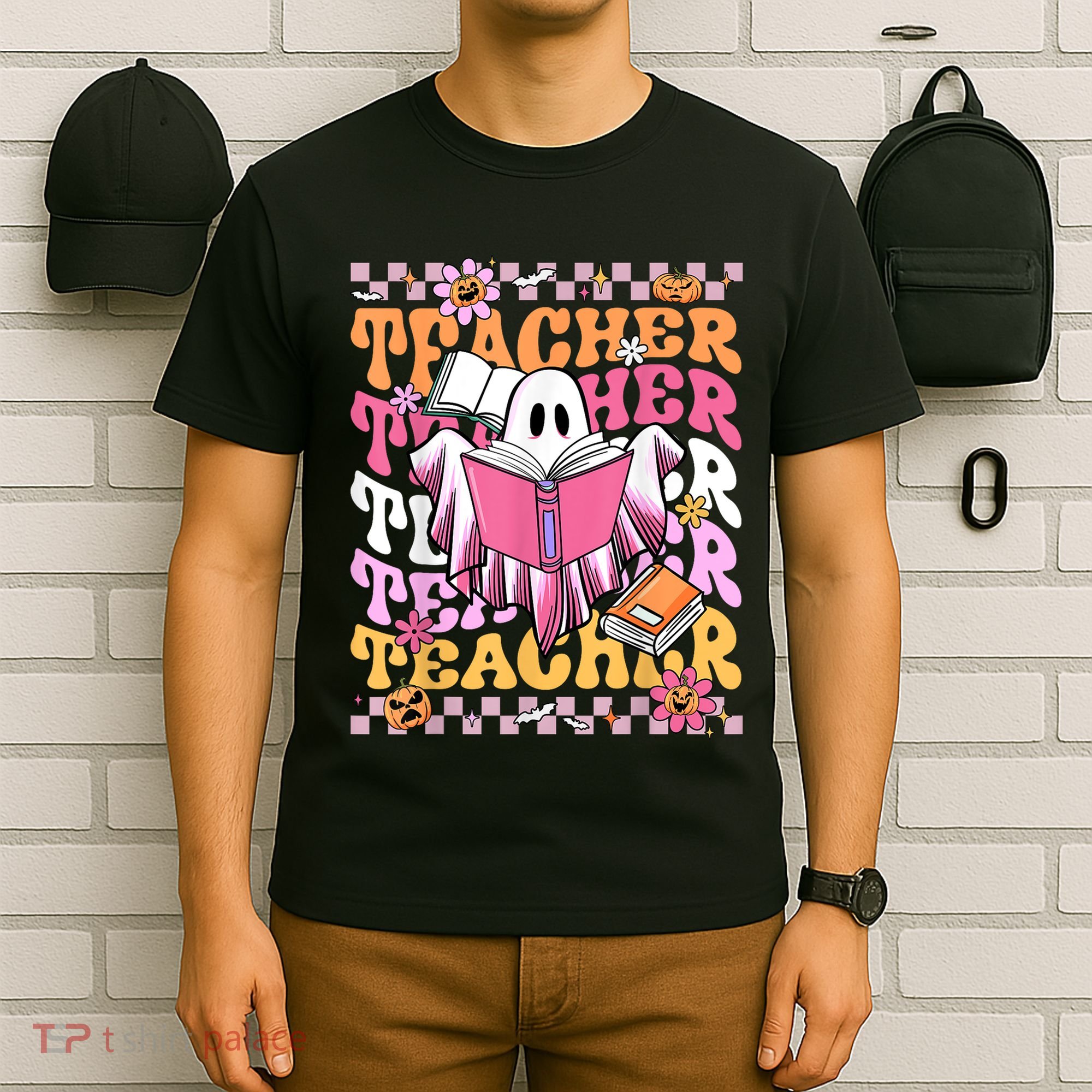 Spooky Teacher Ghost Halloween Groovy Retro Trick Or Teach T-Shirt
