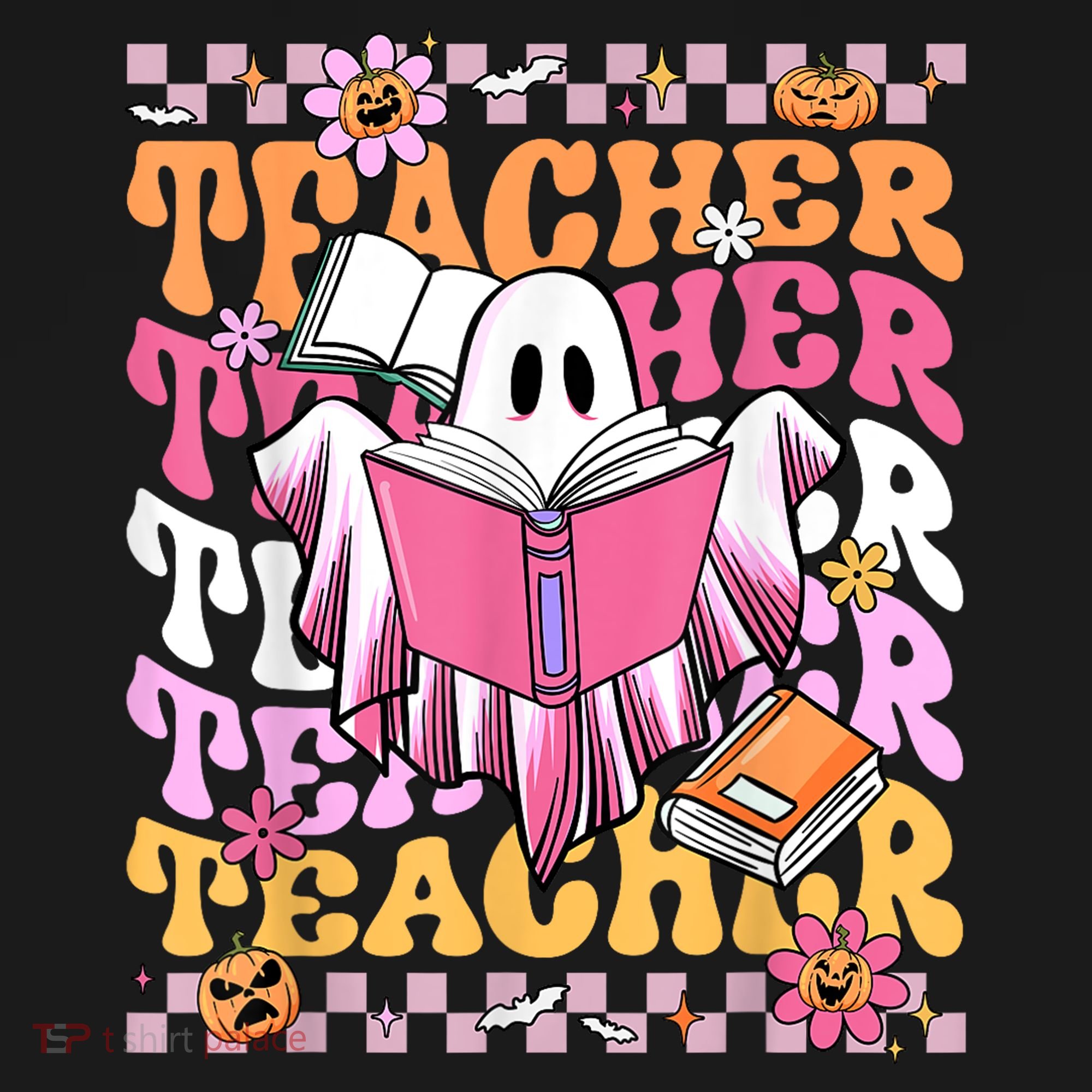 Spooky Teacher Ghost Halloween Groovy Retro Trick Or Teach T-Shirt