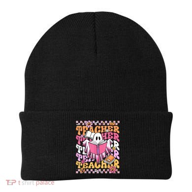 Spooky Teacher Ghost Halloween Groovy Retro Trick Or Teach Beanie