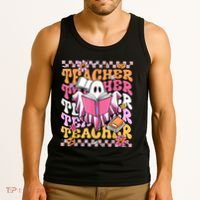 Spooky Teacher Ghost Halloween Groovy Retro Trick Or Teach Tank Top thumb 3
