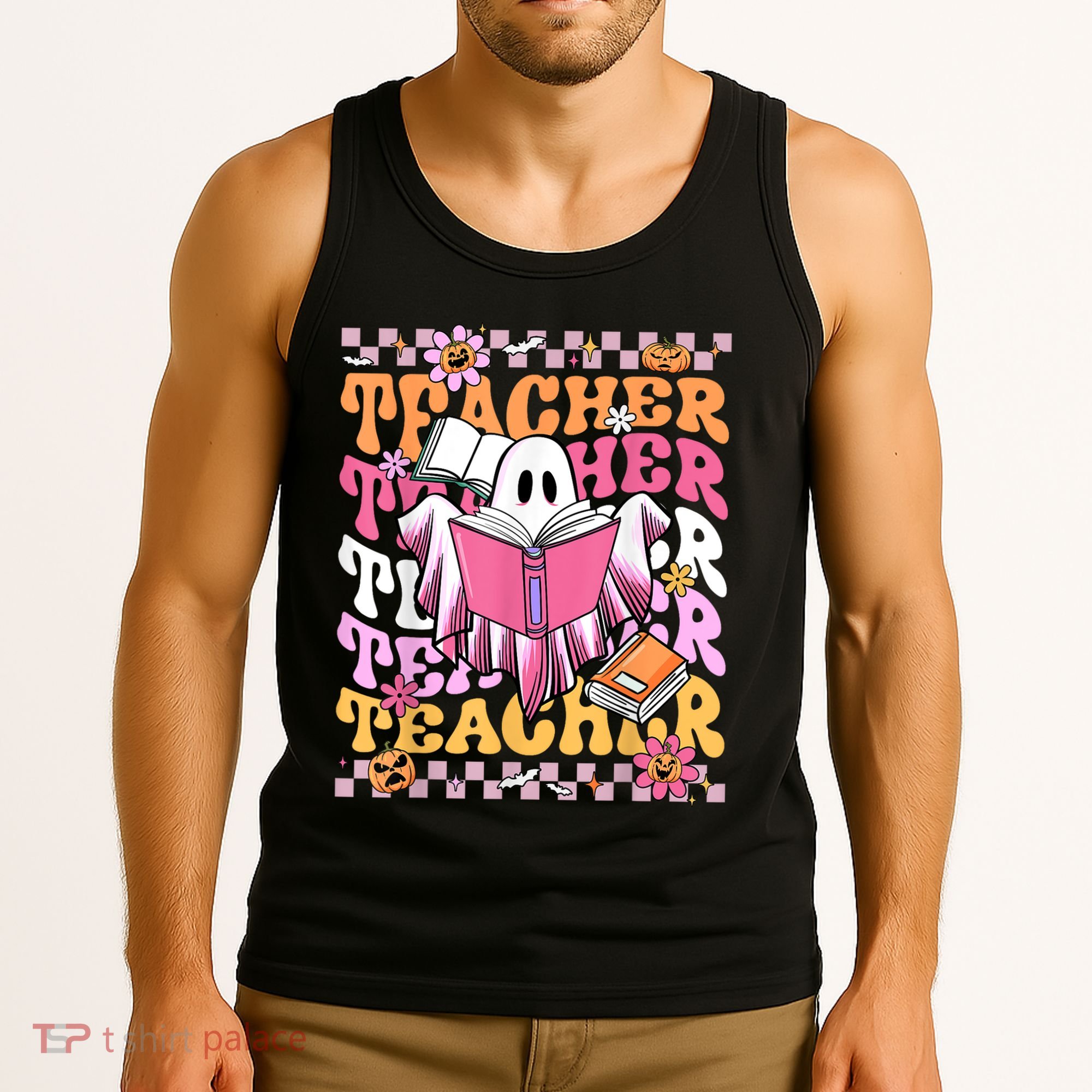 Spooky Teacher Ghost Halloween Groovy Retro Trick Or Teach Tank Top