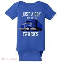 Semi Truck Gift Just A Boy Who Loves Trucks Baby Bodysuit thumb 0