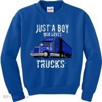 Semi Truck Gift Just A Boy Who Loves Trucks Kids Sweatshirt thumb 0