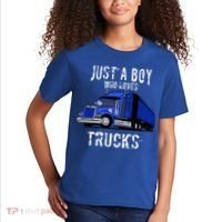 Semi Truck Gift Just A Boy Who Loves Trucks Kids T-Shirt thumb 2