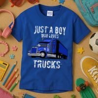 Semi Truck Gift Just A Boy Who Loves Trucks Kids T-Shirt thumb 3