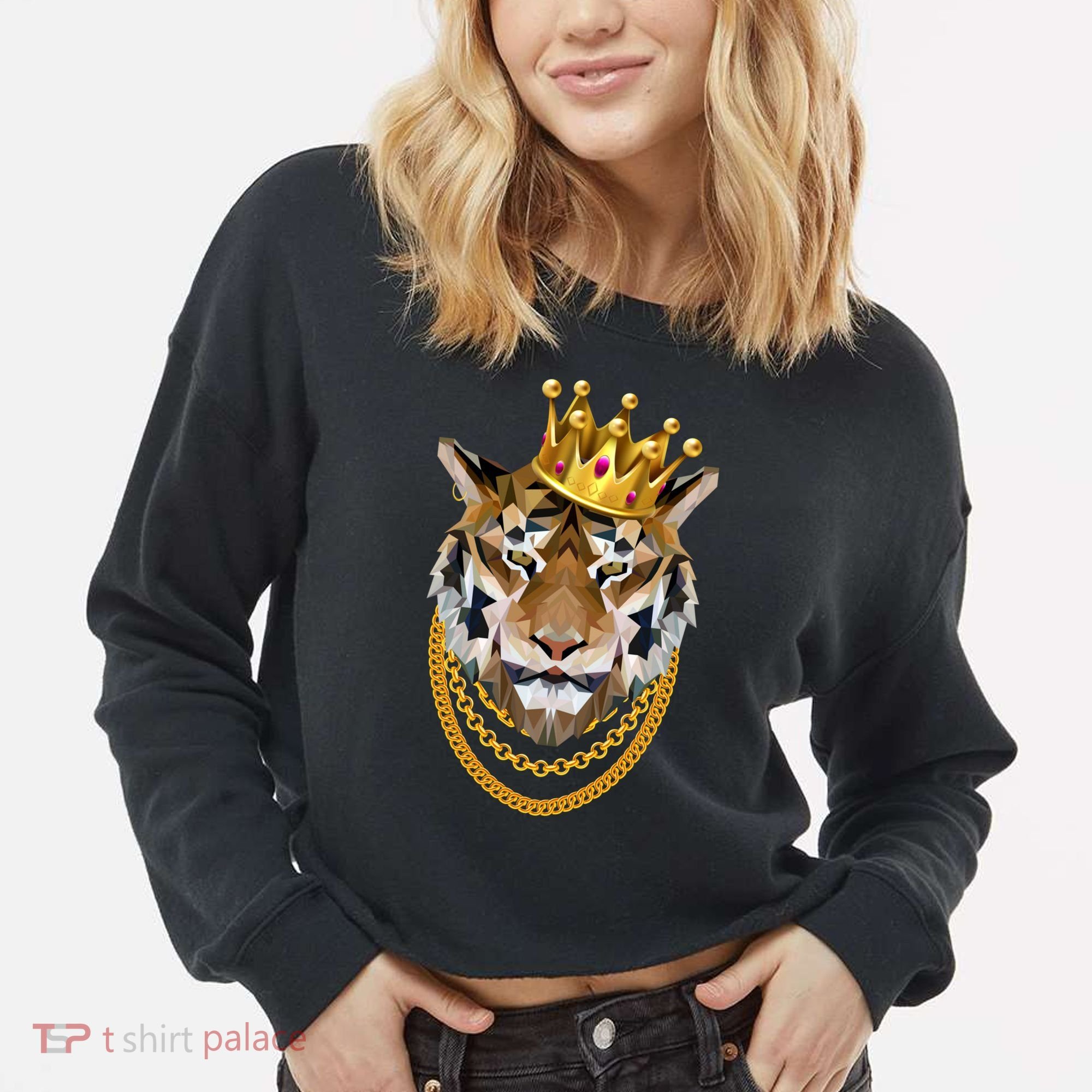 Siberian Tiger Gangster Golden Crown King Chain Gift Cropped Pullover Crew