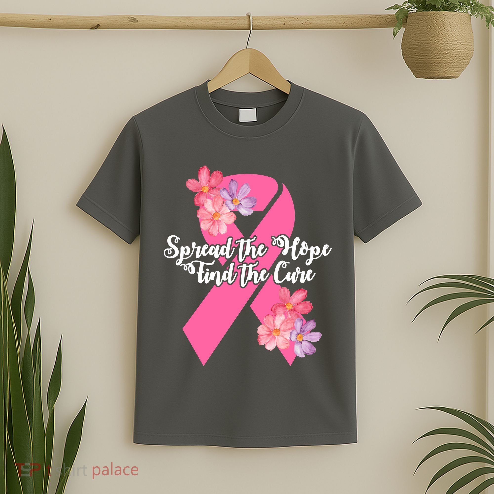 Spread The Hope Find The Cure Breast Cancer Floral Ribbon T-Shirt