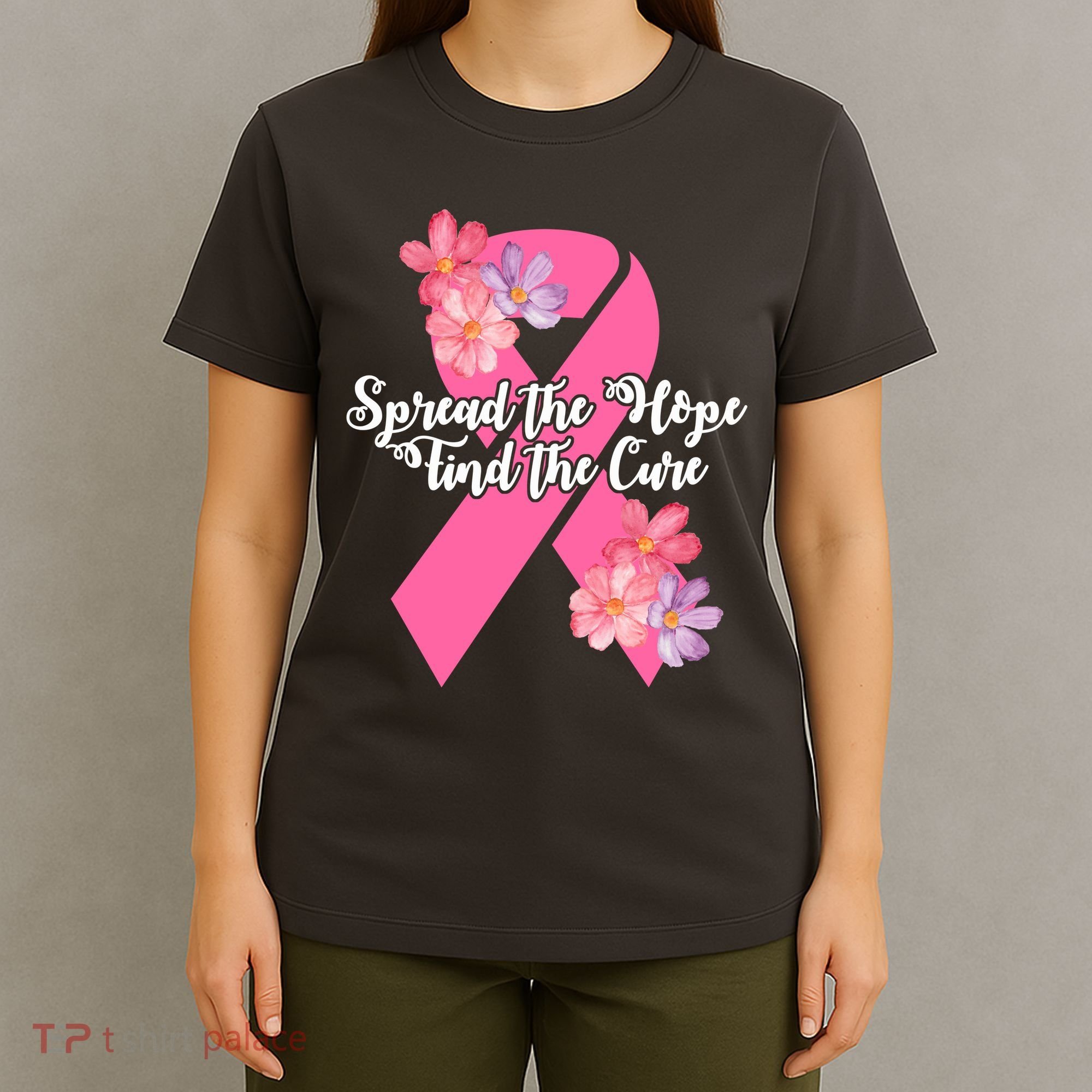 Spread The Hope Find The Cure Breast Cancer Floral Ribbon T-Shirt