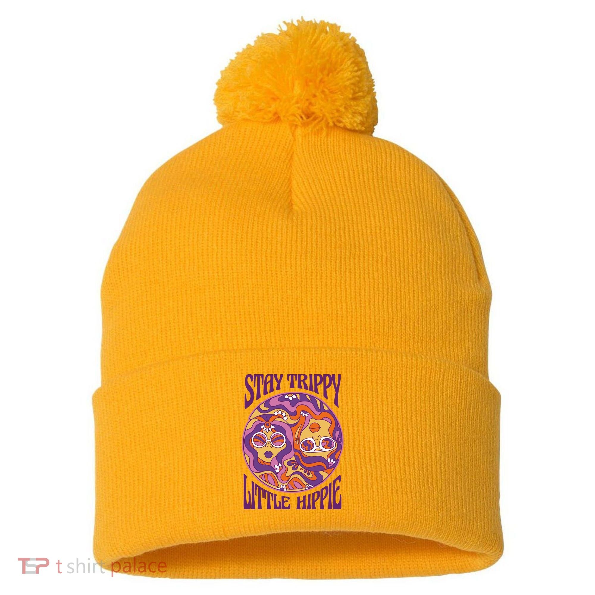 Stay Trippy Little Hippie Retro 60s Pom Pom 12in Knit Beanie
