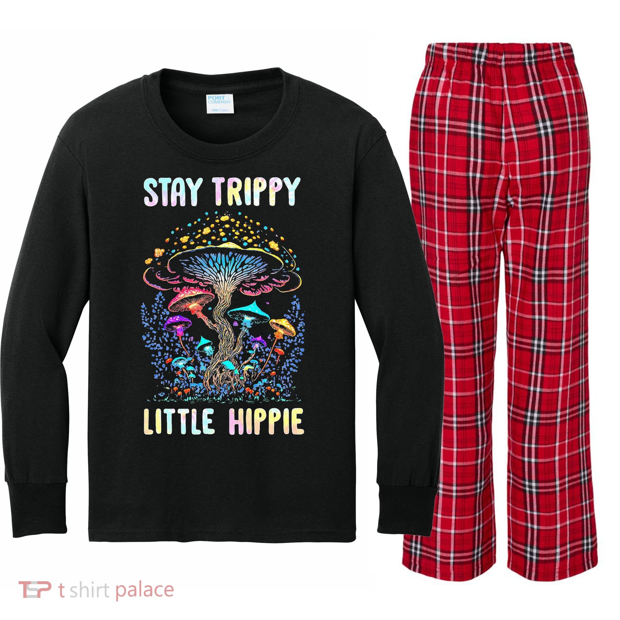 Stay Trippy Little Hippie Mushroom Kids Long Sleeve Plaid Pajama Set