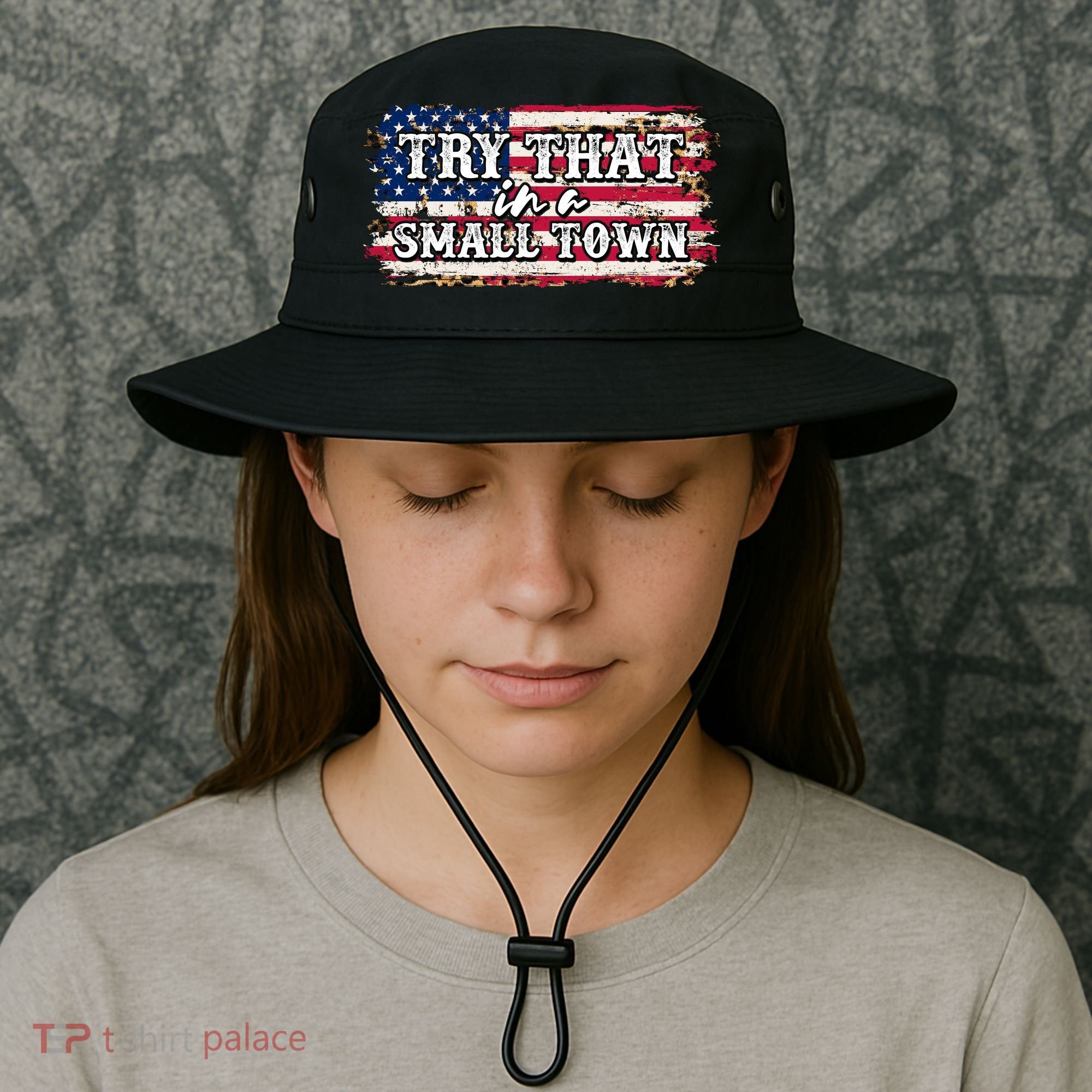 Small Town Leopard Print American USA Flag Bucket Hat