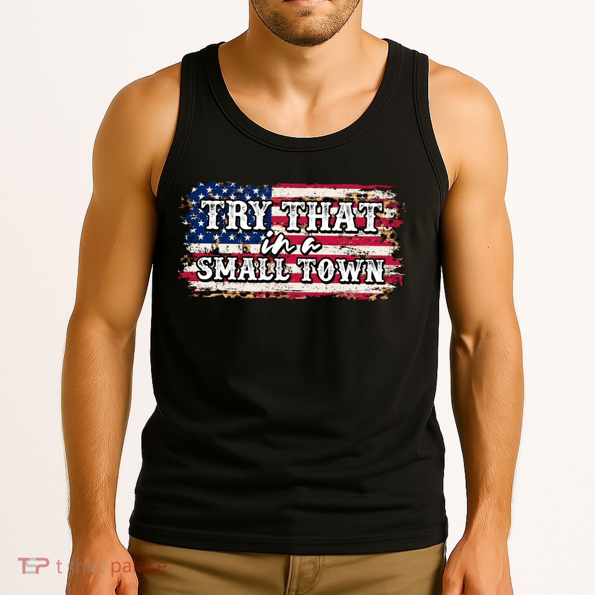 Small Town Leopard Print American USA Flag Tank Top