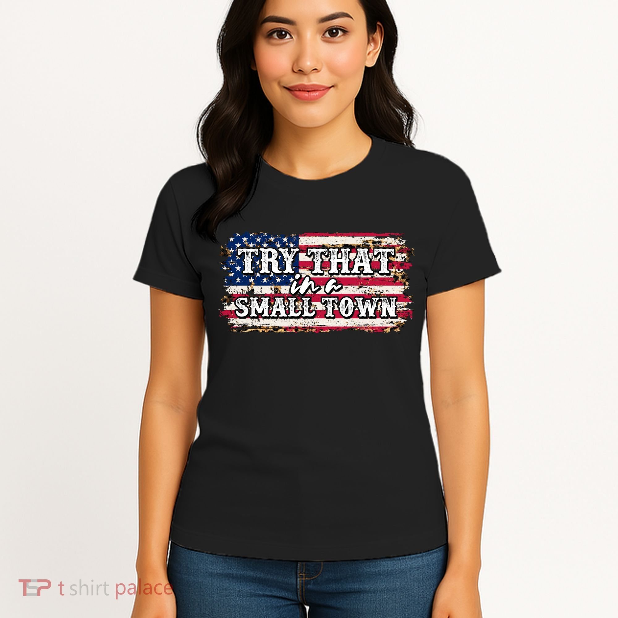 Small Town Leopard Print American USA Flag Women's T-Shirt