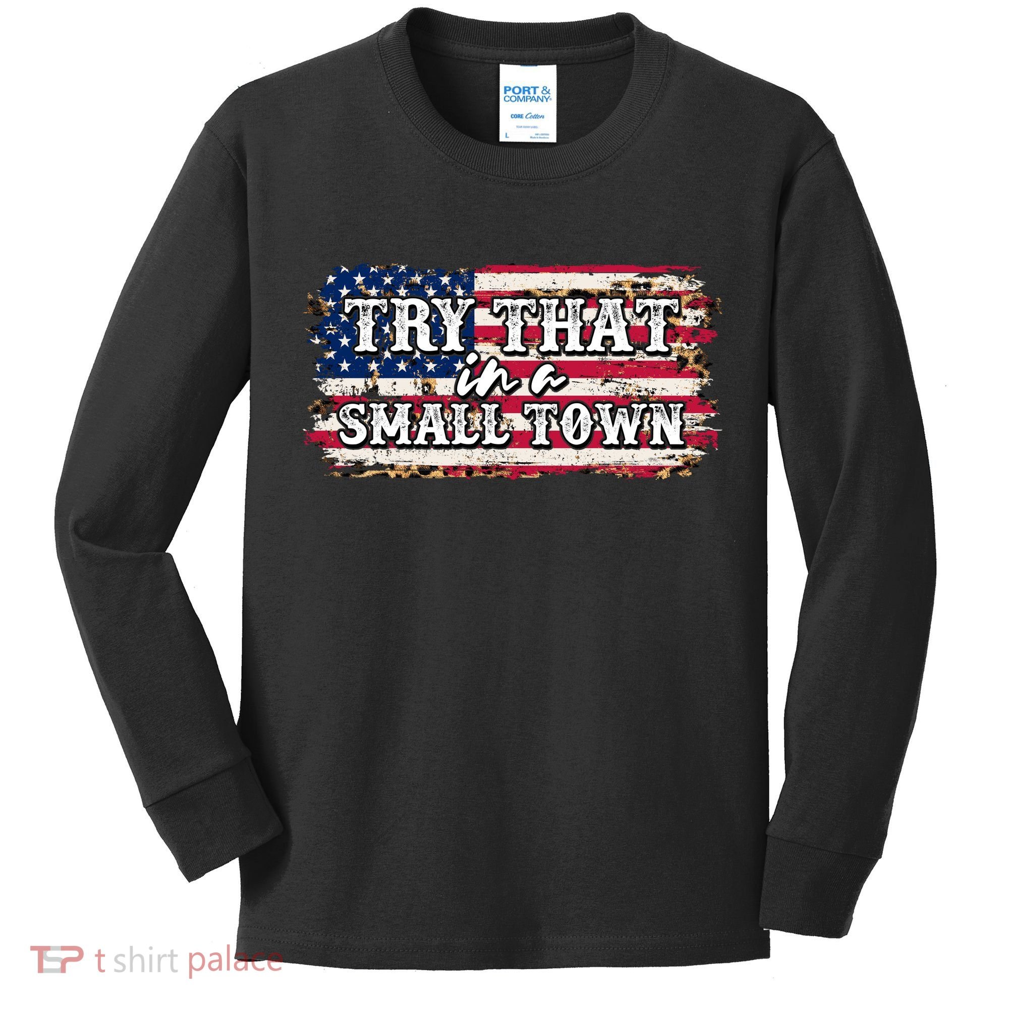 Small Town Leopard Print American USA Flag Kids Long Sleeve Shirt