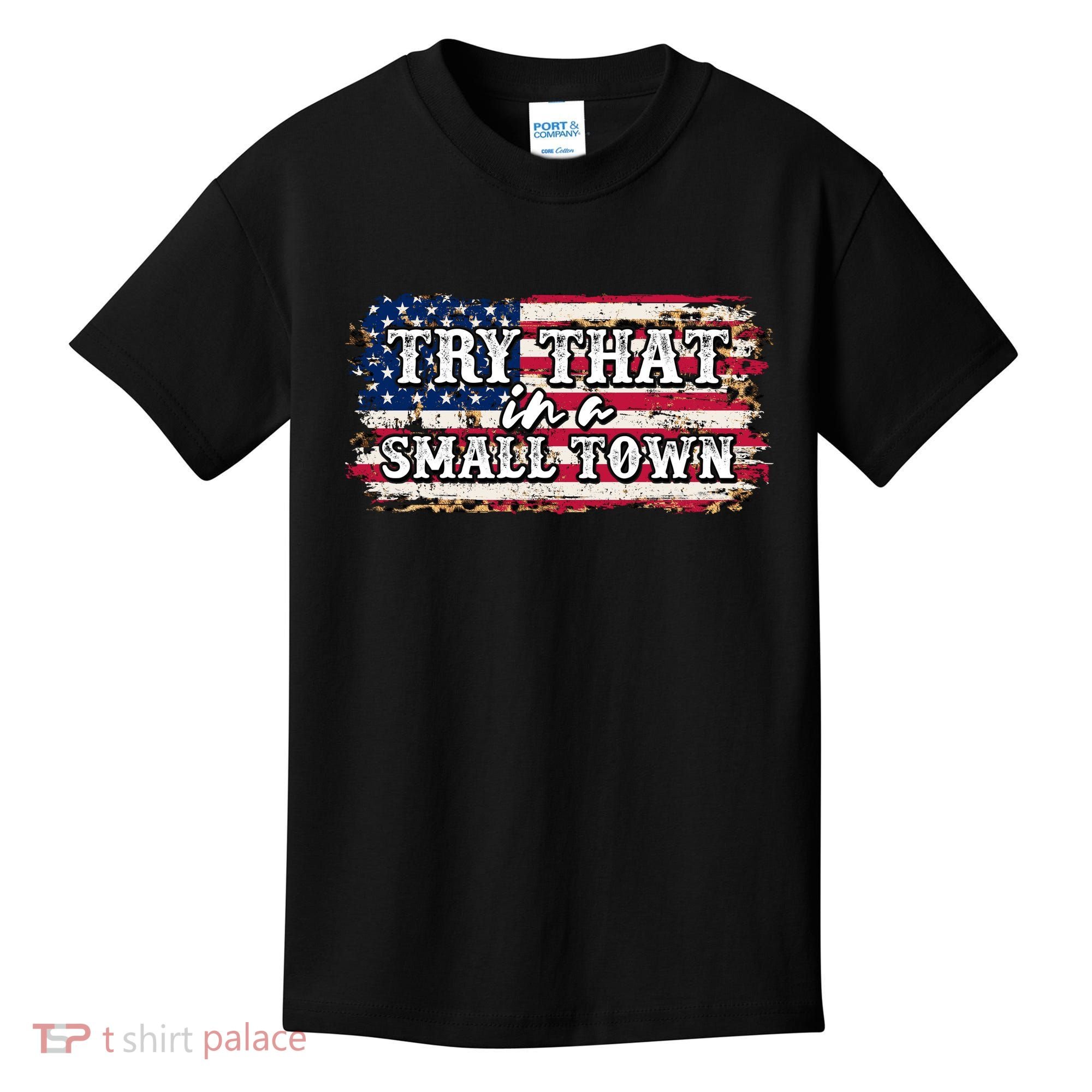 Small Town Leopard Print American USA Flag Kids T-Shirt