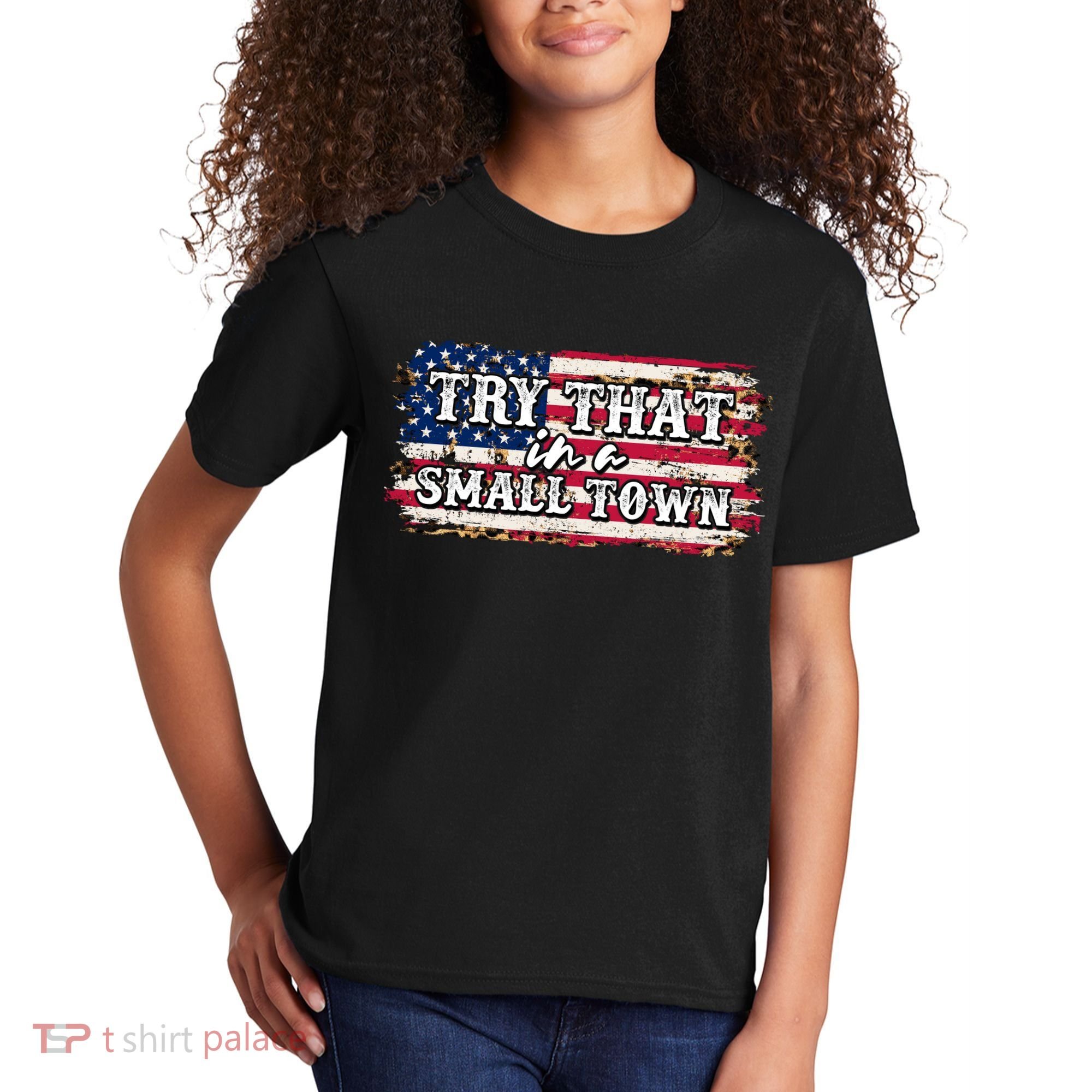 Small Town Leopard Print American USA Flag Kids T-Shirt