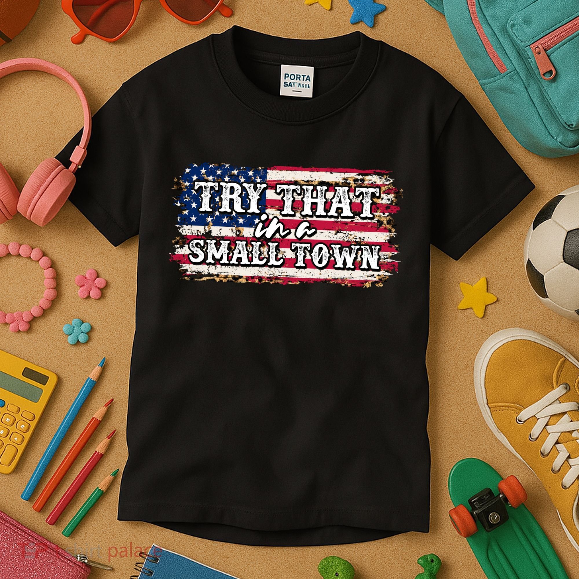 Small Town Leopard Print American USA Flag Kids T-Shirt