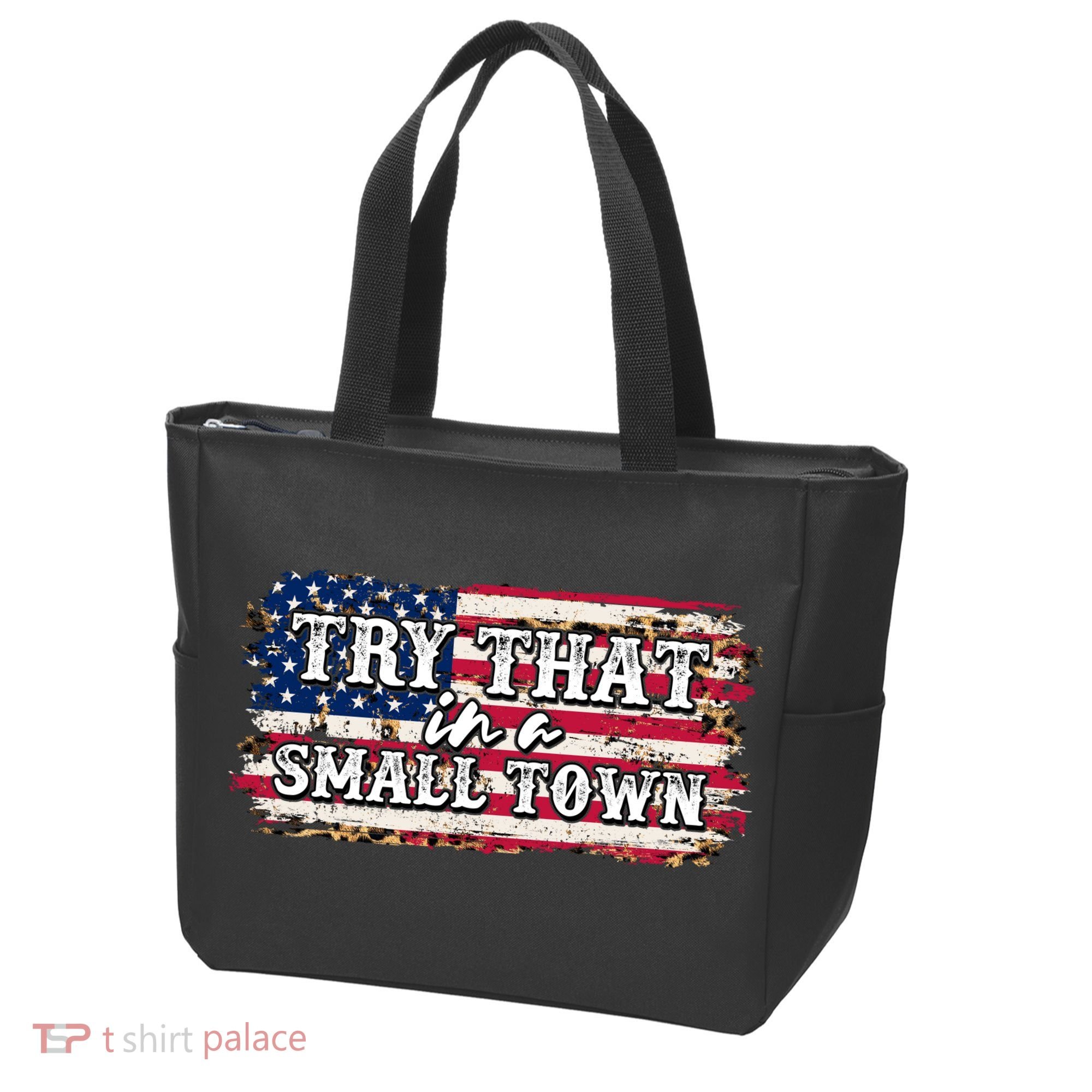 Small Town Leopard Print American USA Flag Tote Bag