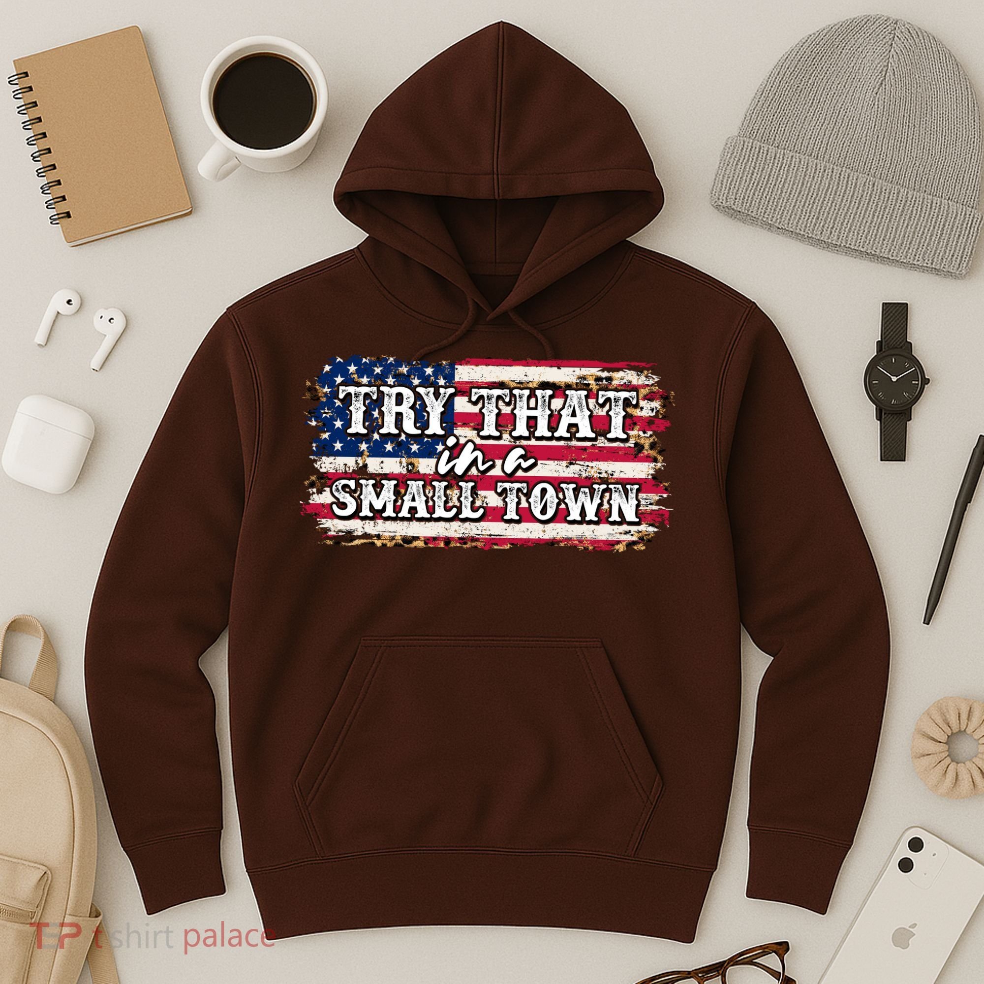 Small Town Leopard Print American USA Flag Hoodie