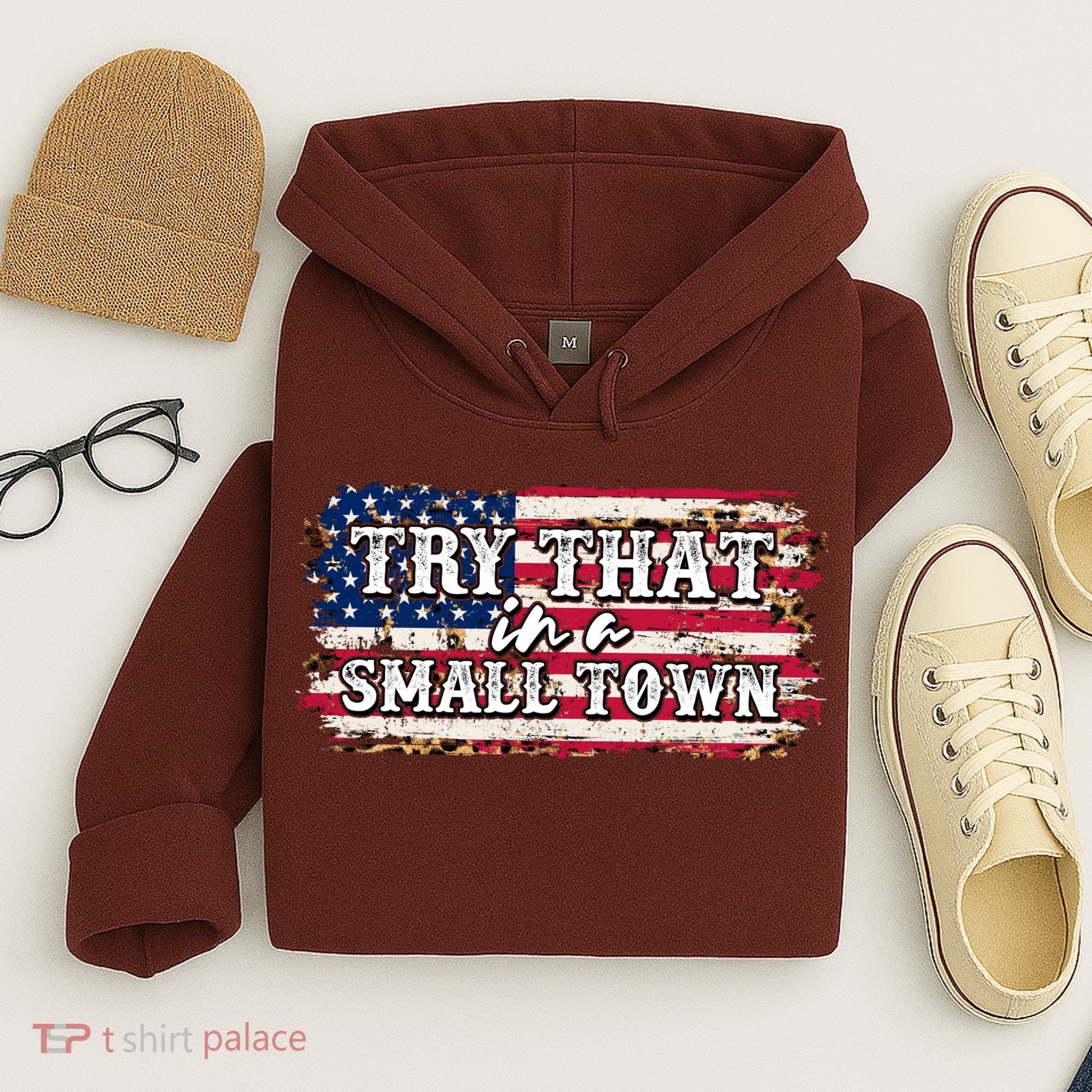 Small Town Leopard Print American USA Flag Hoodie