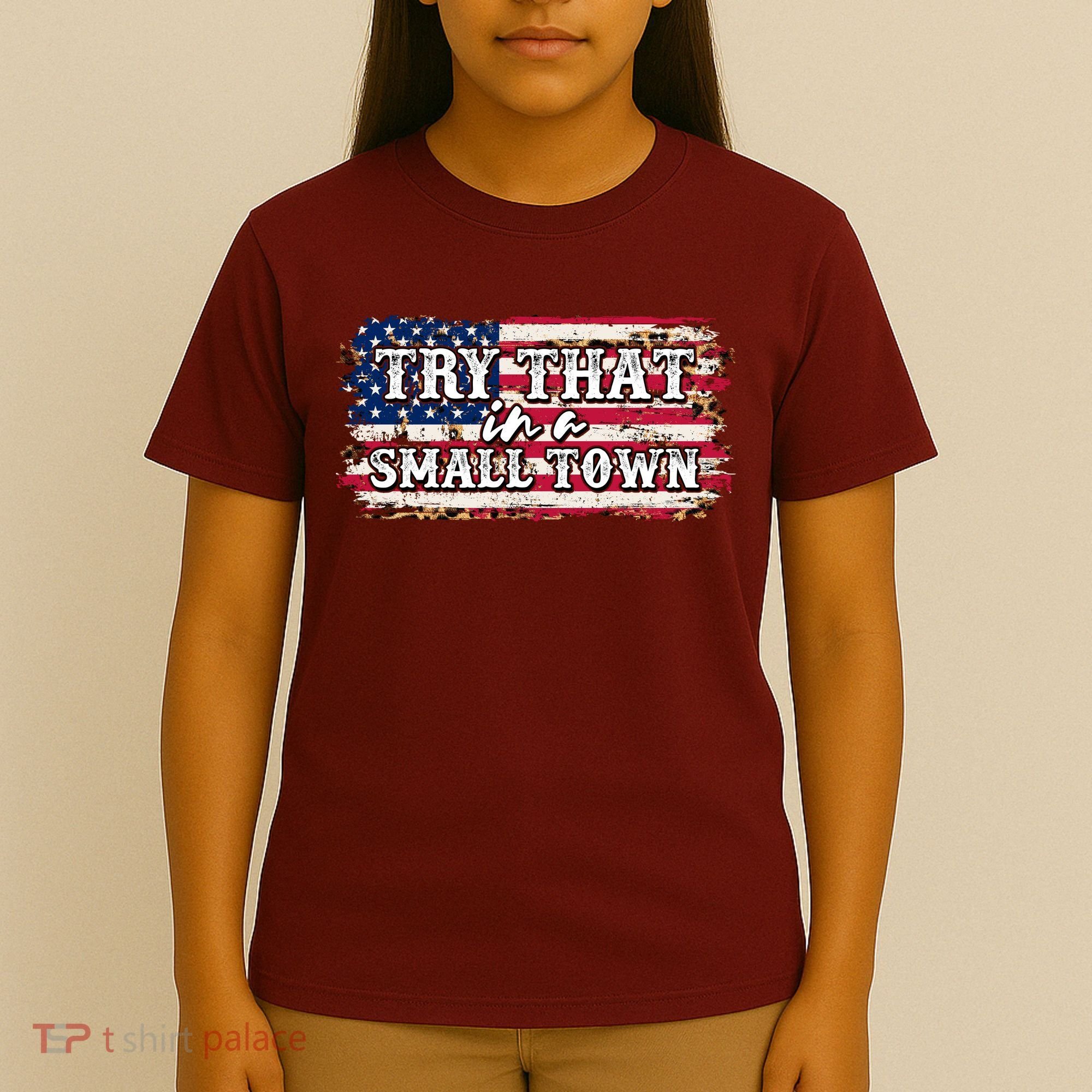 Small Town Leopard Print American USA Flag T-Shirt