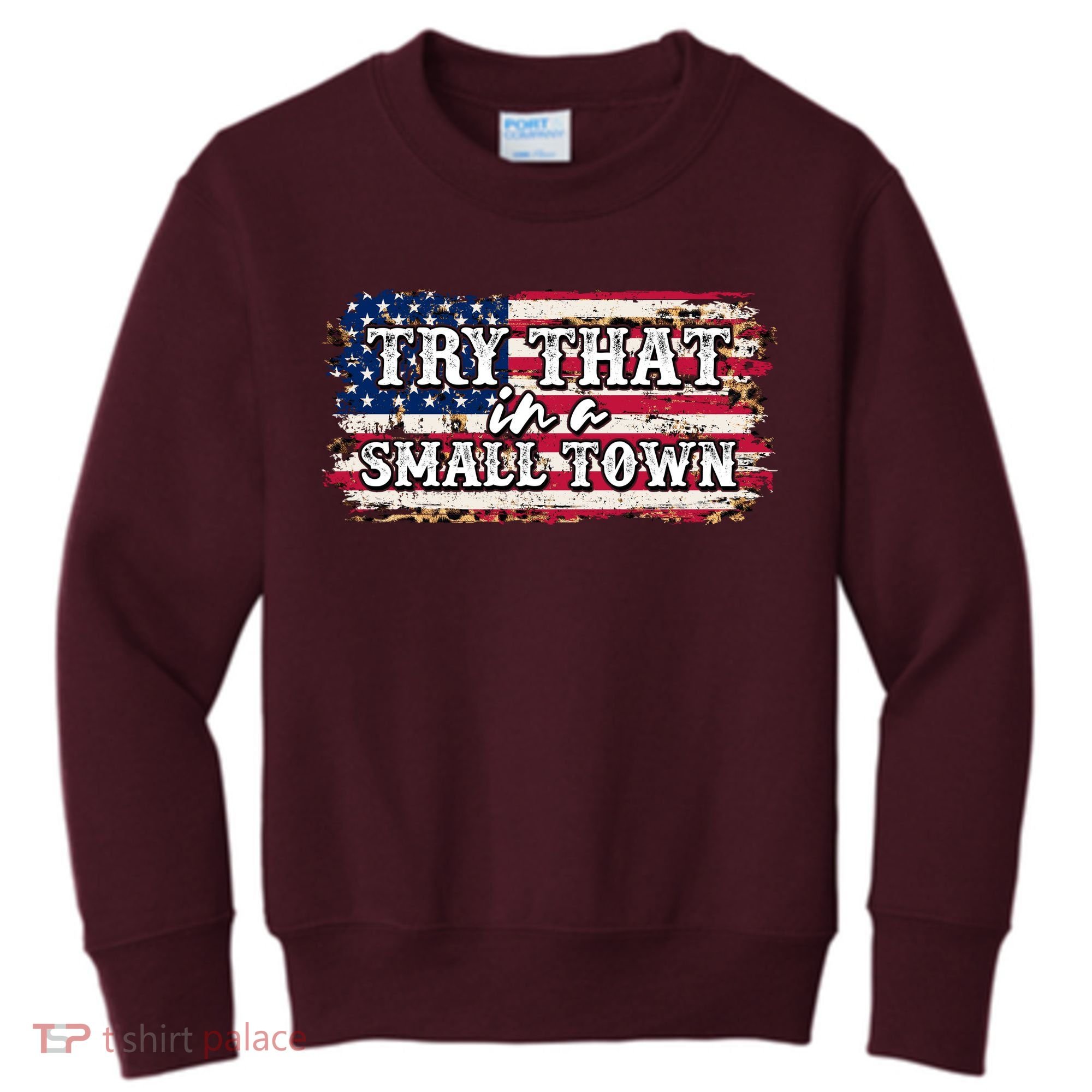 Small Town Leopard Print American USA Flag Kids Sweatshirt