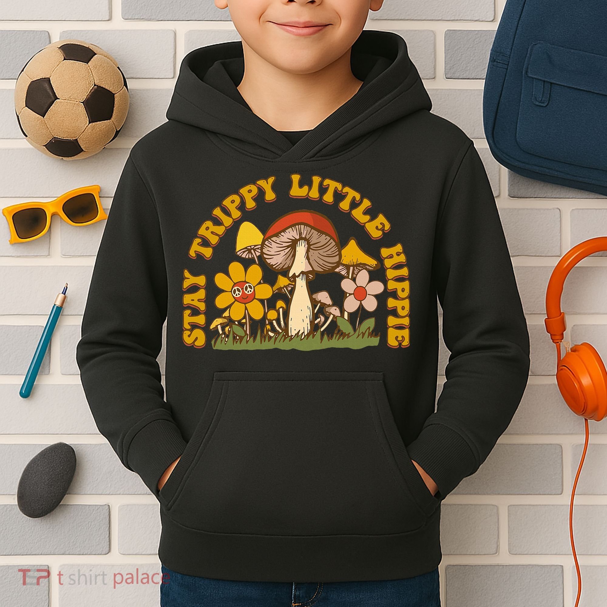 Stay Trippy Little Hippy Mushroom Flowers Kids Hoodie