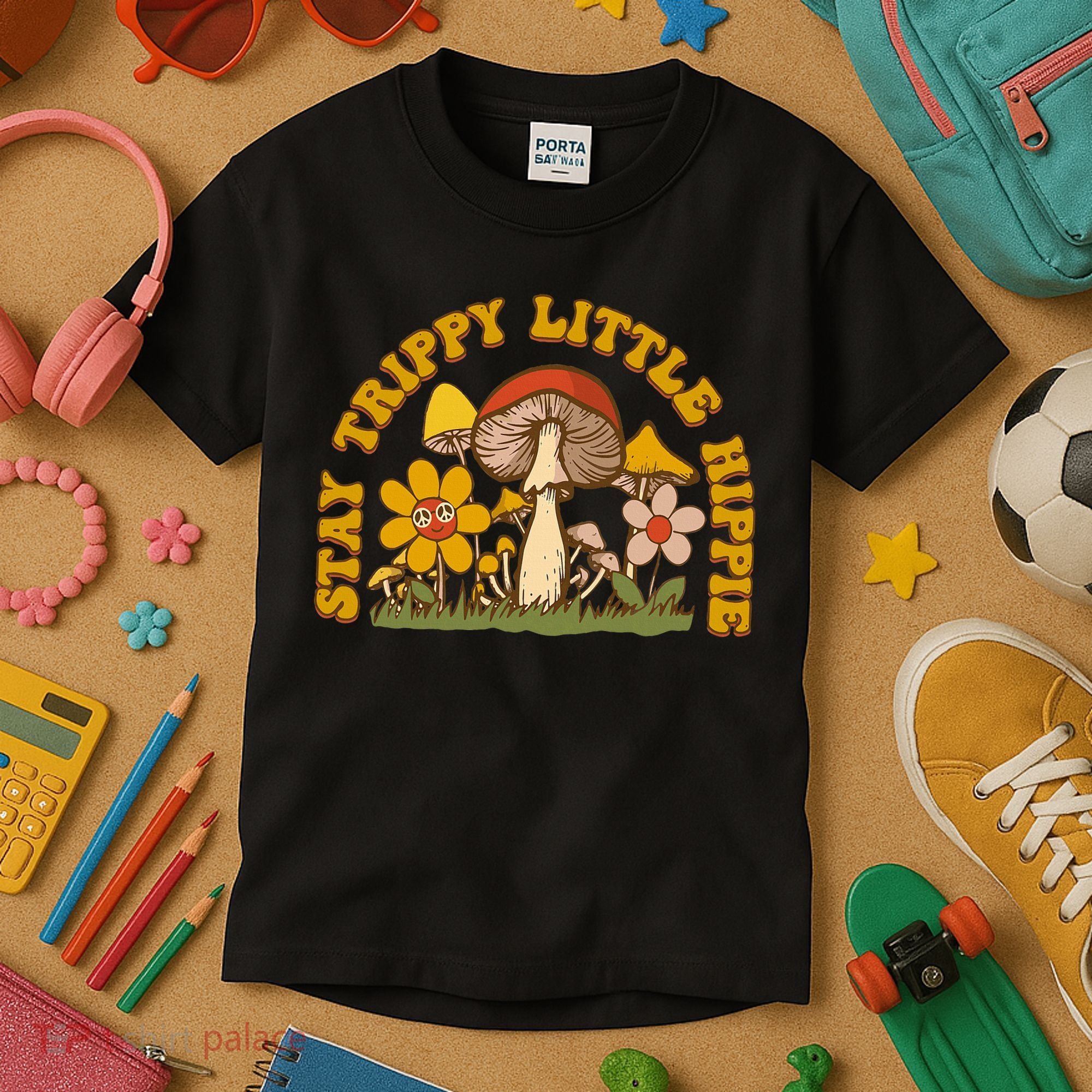 Stay Trippy Little Hippy Mushroom Flowers Kids T-Shirt