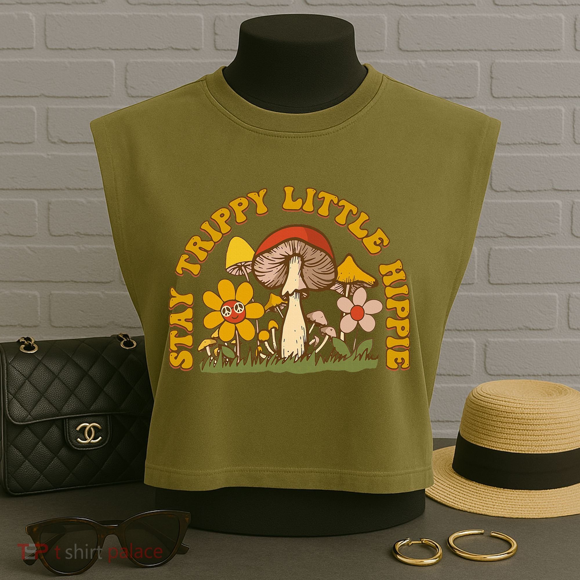Stay Trippy Little Hippy Mushroom Flowers Garment-Dyed Women's Muscle Tee