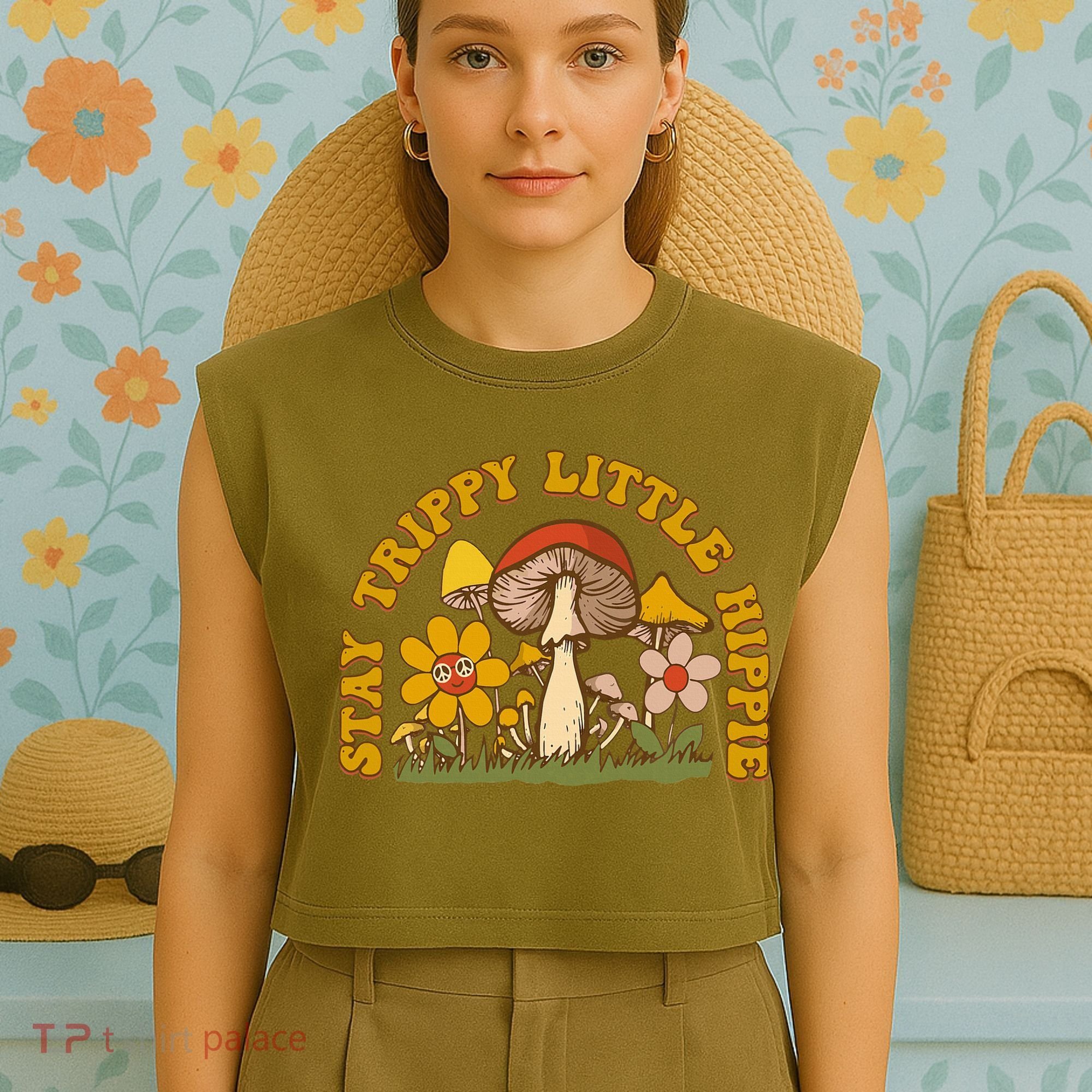 Stay Trippy Little Hippy Mushroom Flowers Garment-Dyed Women's Muscle Tee