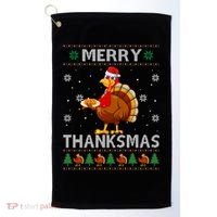 Santa Turkey Merry Thanksmas Thanksgiving Ugly Xmas Sweater Golf Towel thumb 0