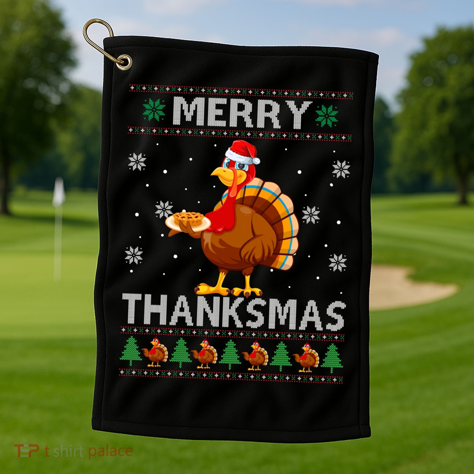 Santa Turkey Merry Thanksmas Thanksgiving Ugly Xmas Sweater Golf Towel