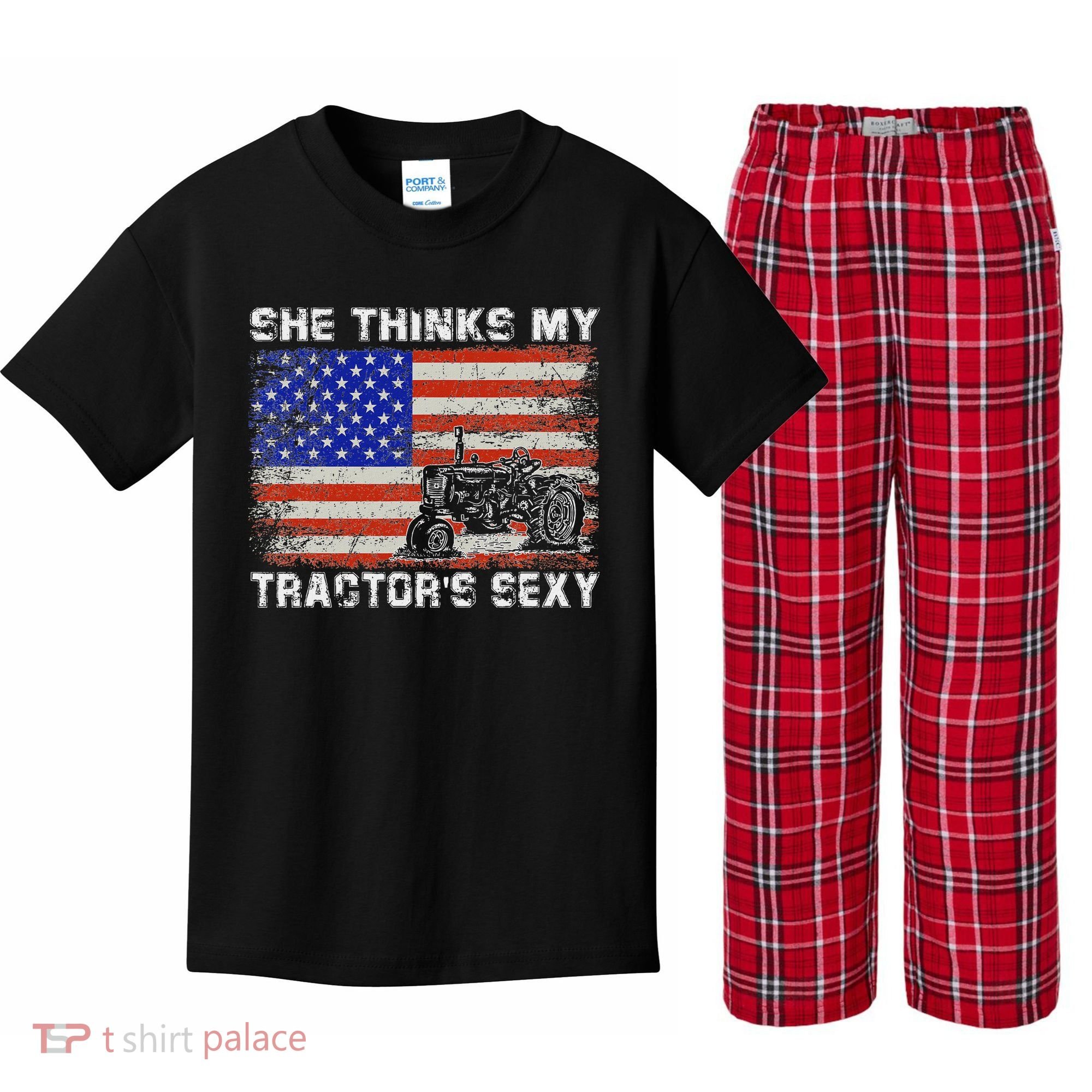 She Thinks My TractorS Sexy Tractor Driver Kids Plaid Pajama Set