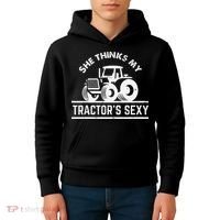 She Thinks My Tractor's Sexy Funny Farmer Kids Hoodie thumb 4