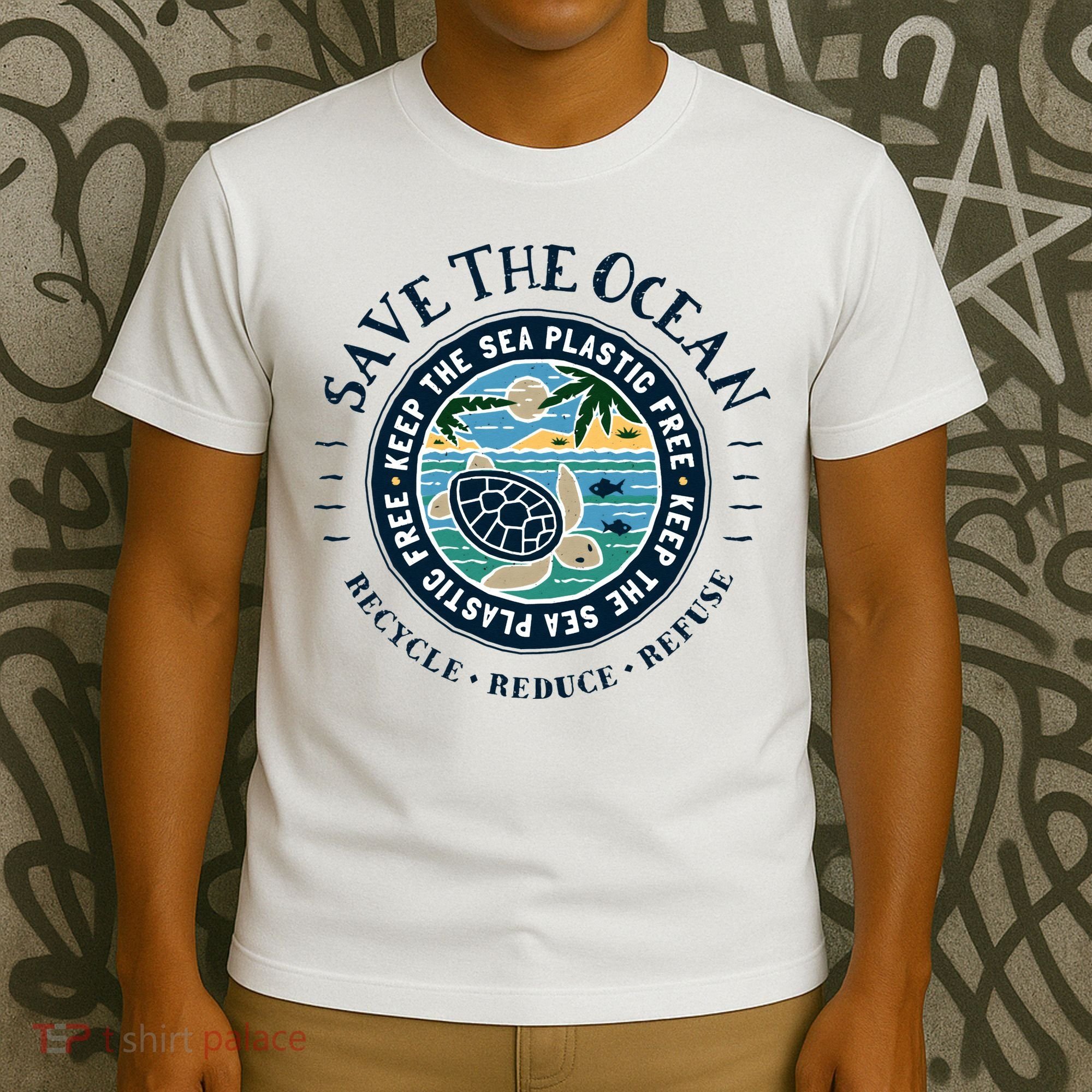 Save The Ocean Keep The Sea Plastic Free Turtle Scene T-Shirt