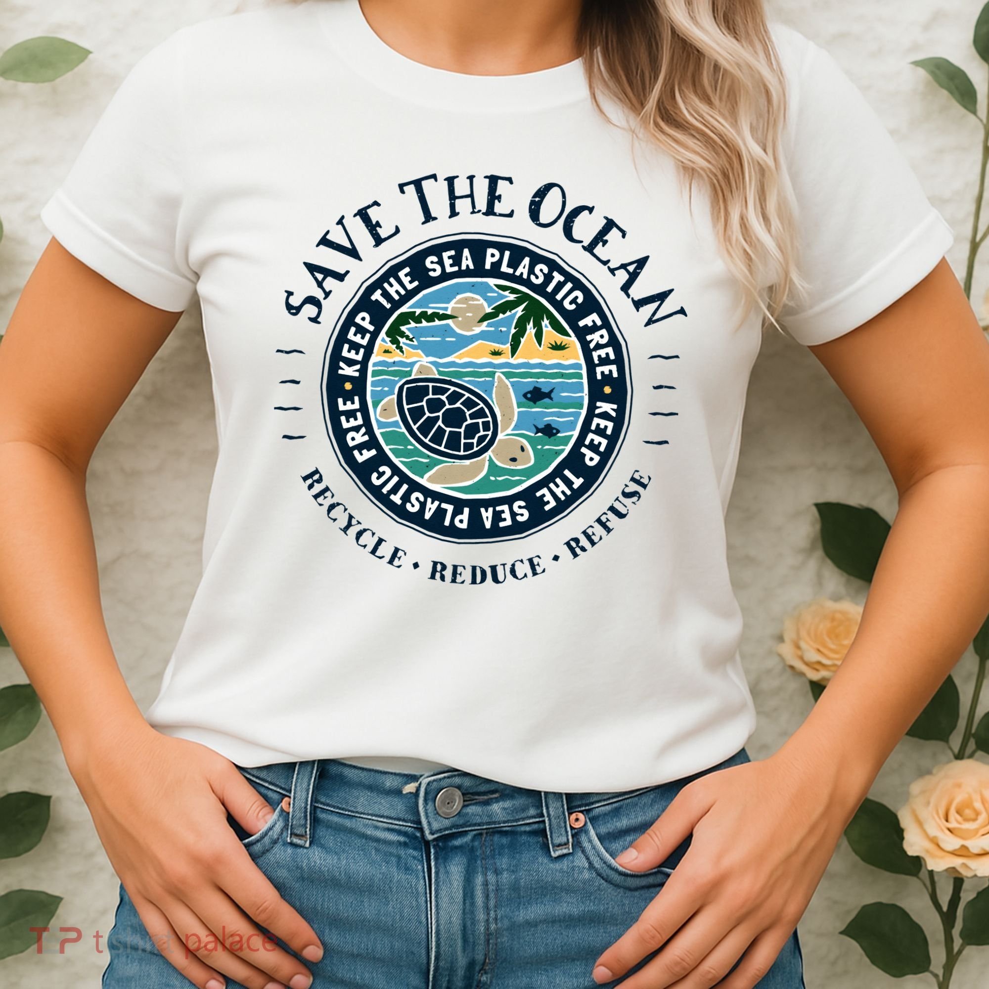 Save The Ocean Keep The Sea Plastic Free Turtle Scene Women's T-Shirt