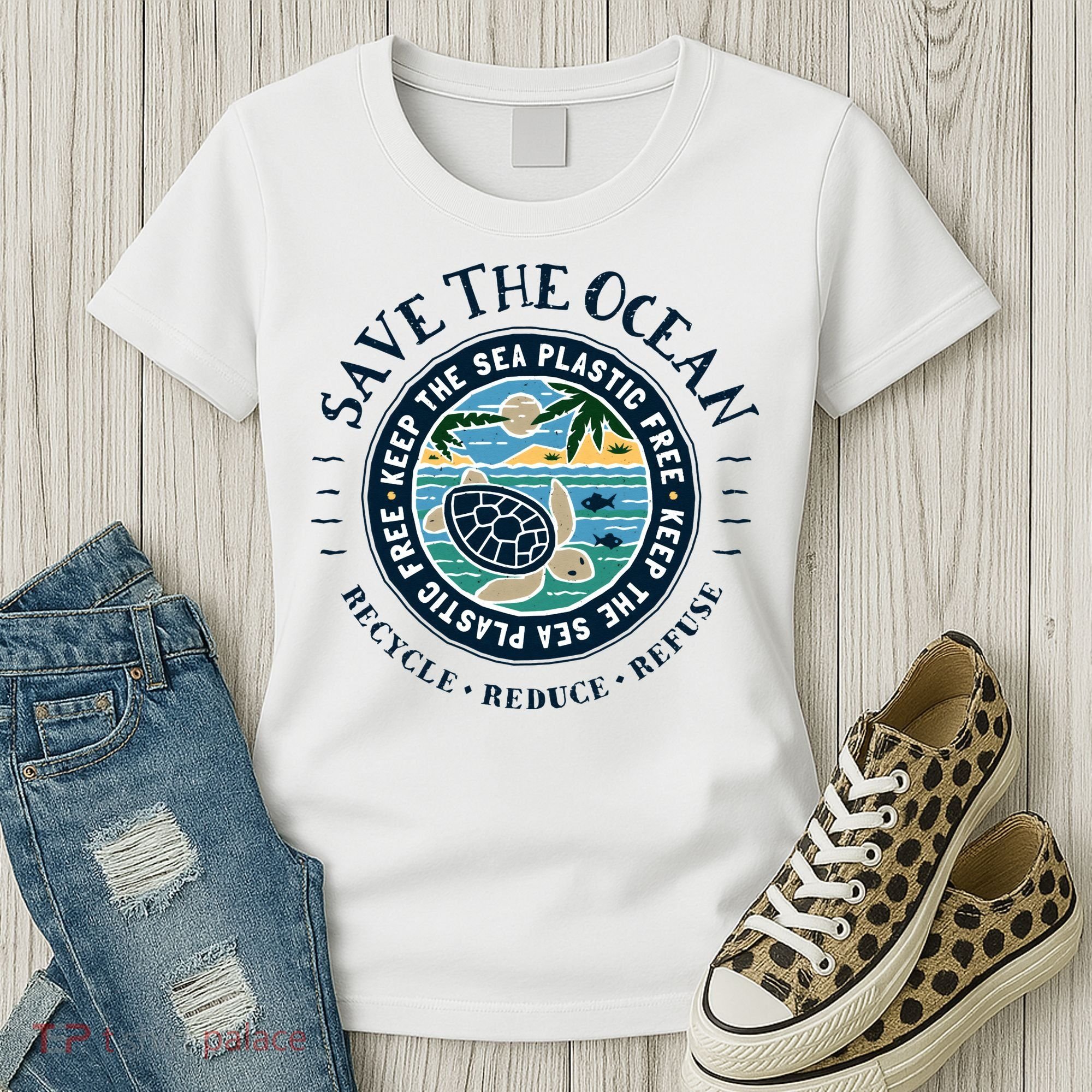 Save The Ocean Keep The Sea Plastic Free Turtle Scene Women's T-Shirt