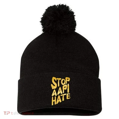 Stop AAPI Hate Painted Pom Pom 12in Knit Beanie