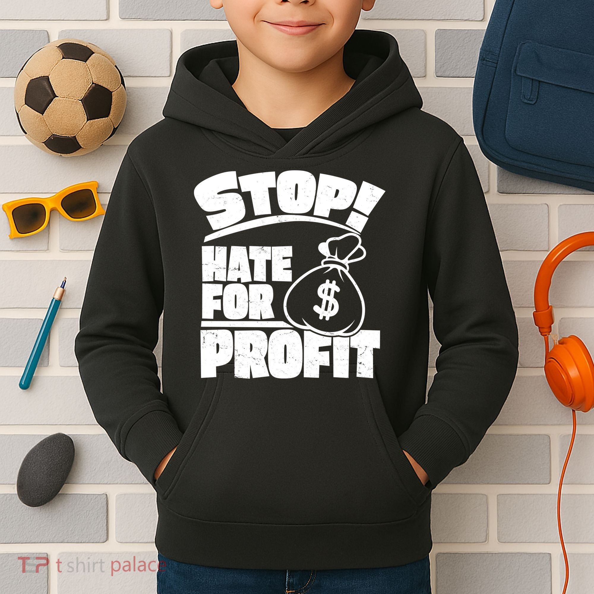 Stop Hate for Profit Money Bag Kids Hoodie