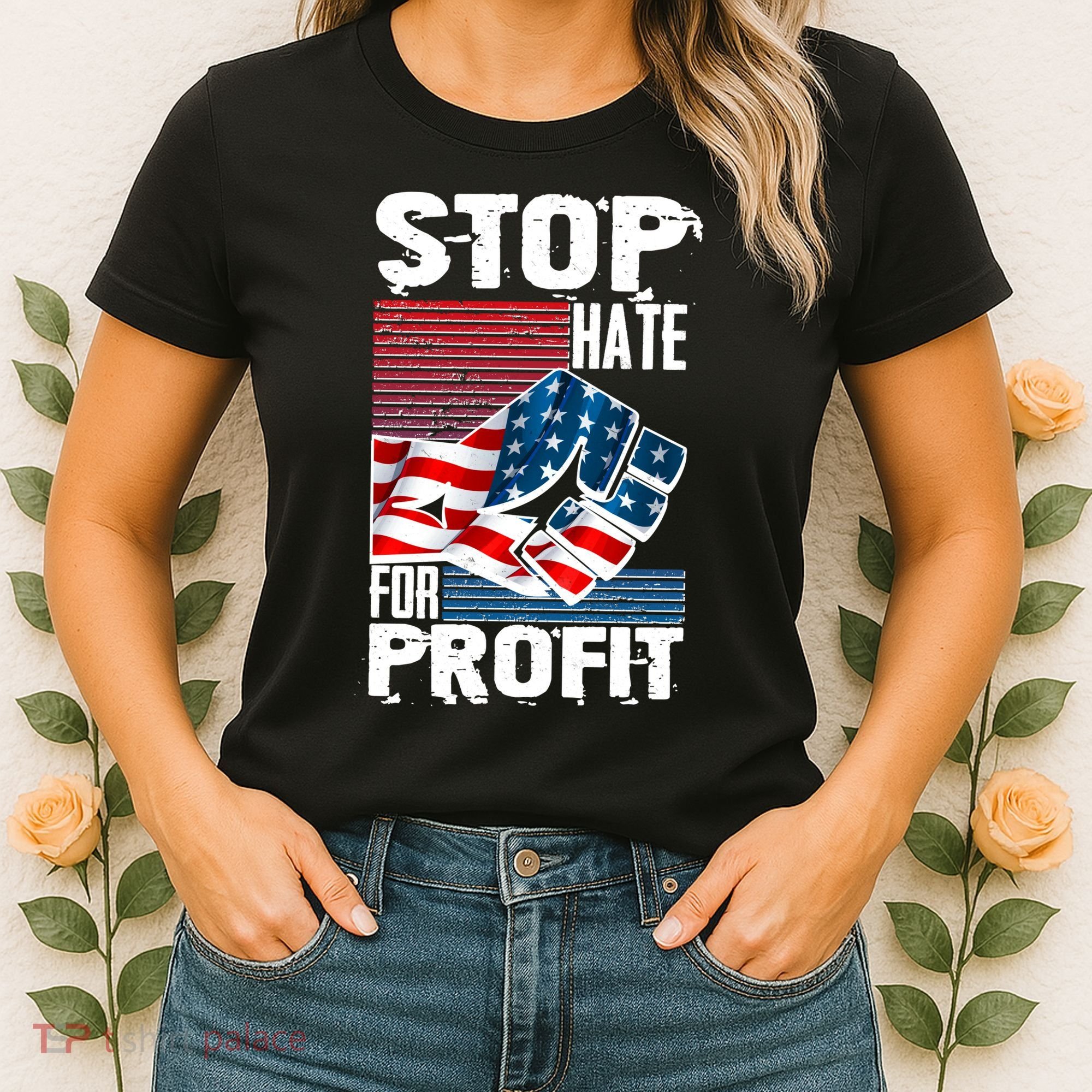 Stop Hate for Profit USA Flag Fist Women's T-Shirt