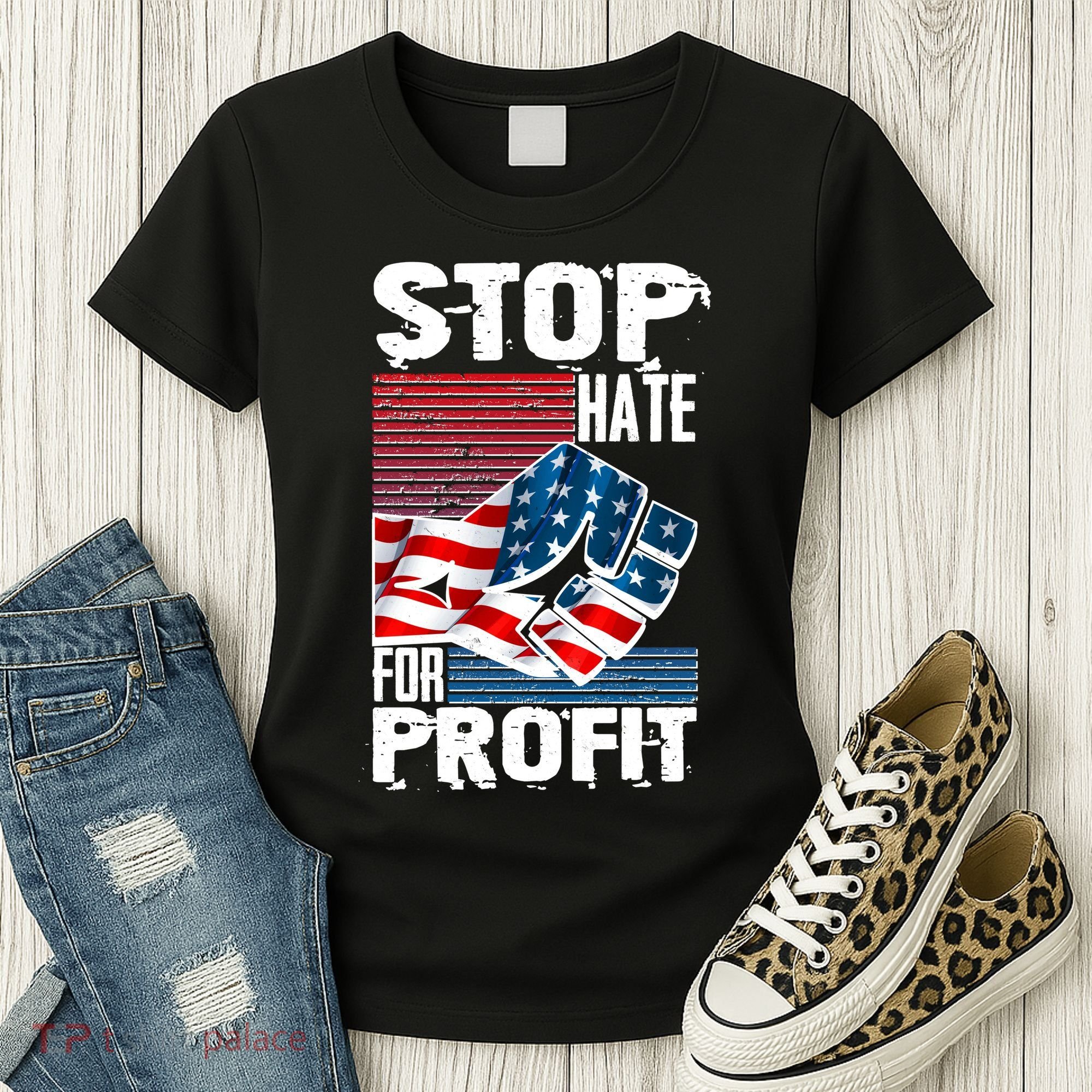 Stop Hate for Profit USA Flag Fist Women's T-Shirt