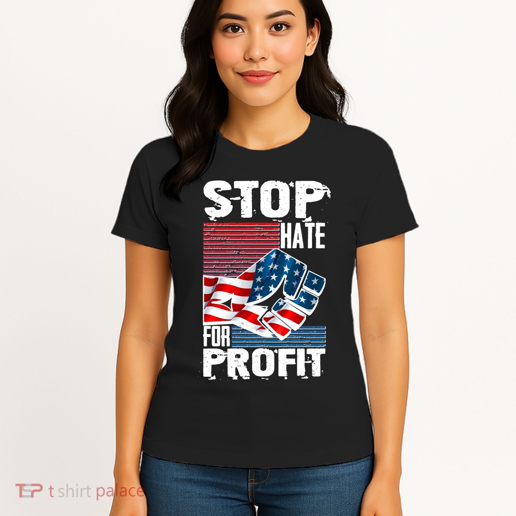 Stop Hate for Profit USA Flag Fist Women's T-Shirt